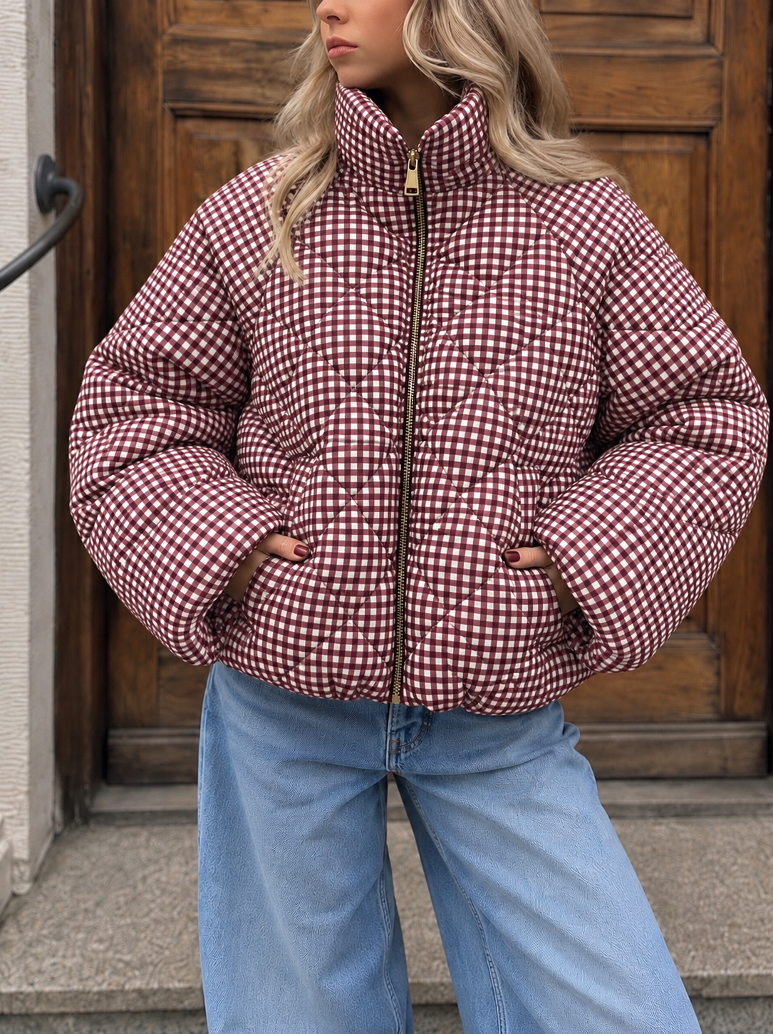 Mila Gingham Puffer Jacket Burgundy
