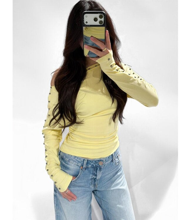 One shoulder studs top yellow