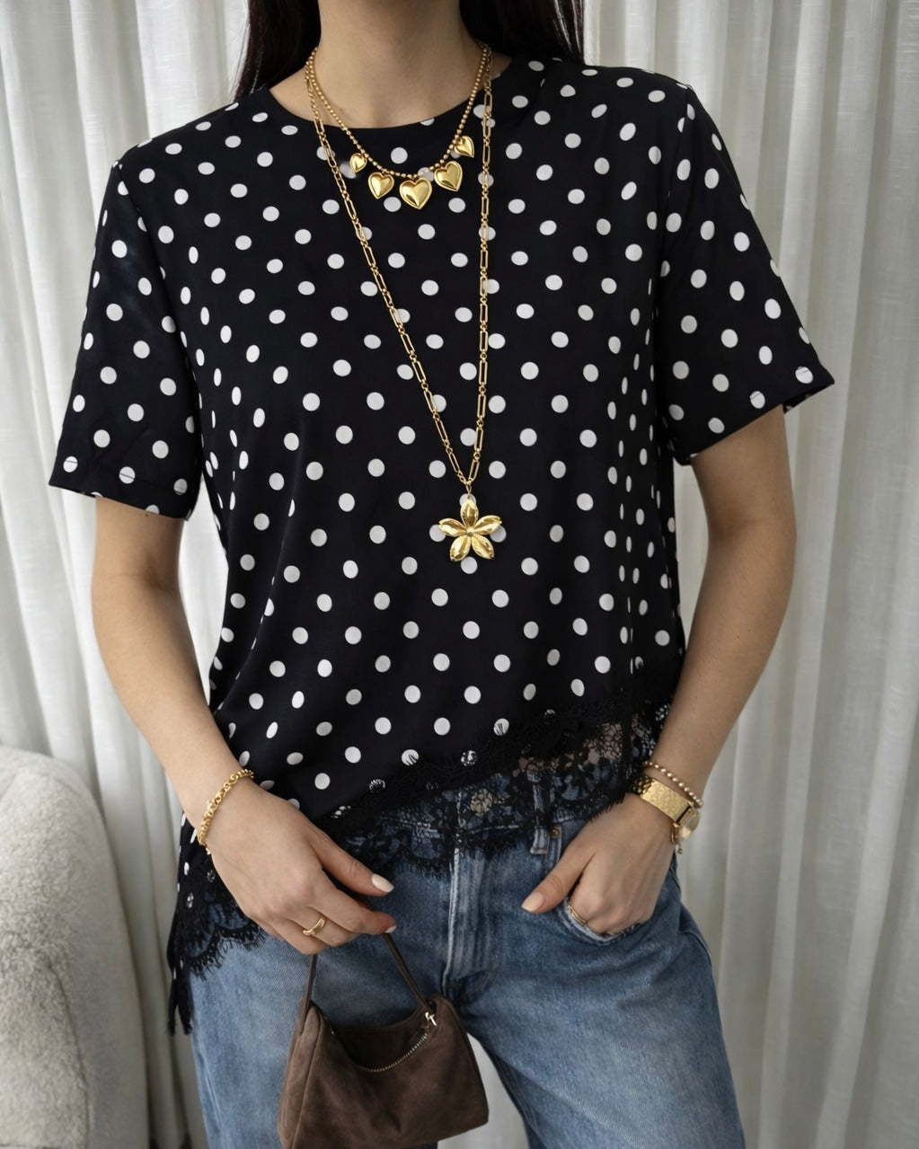 Lace shortsleeve dots black white