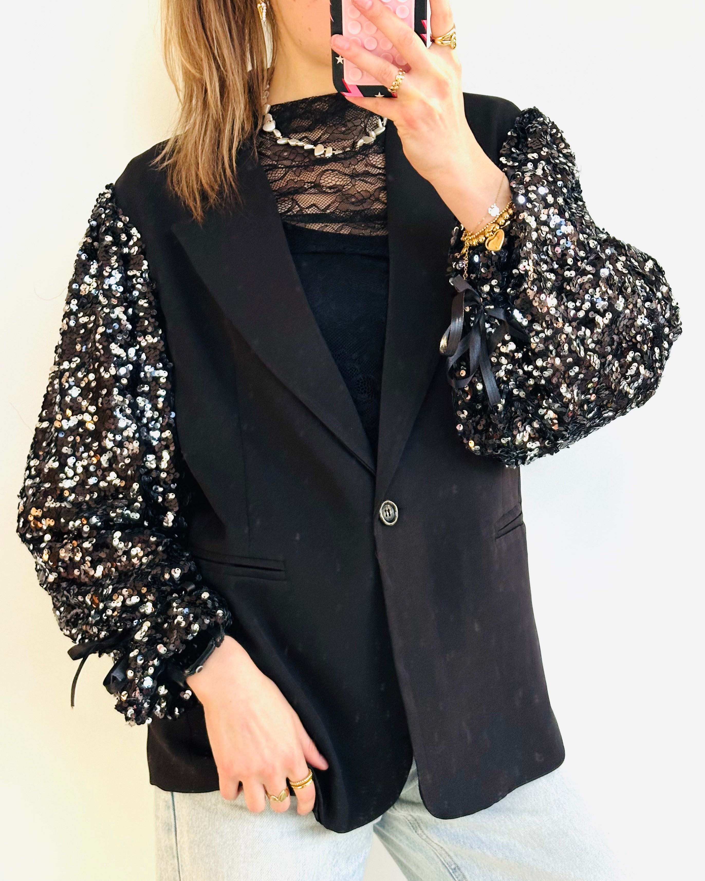 Glory blazer oversized glitter zwart zilver