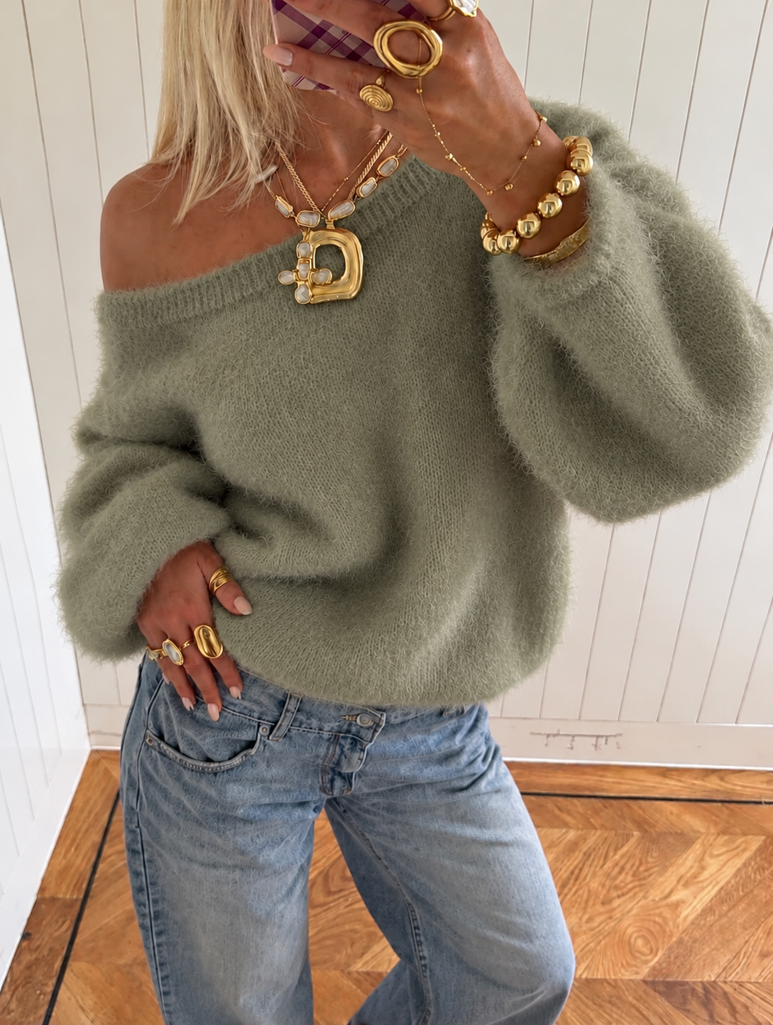 One shoulder trui khaki