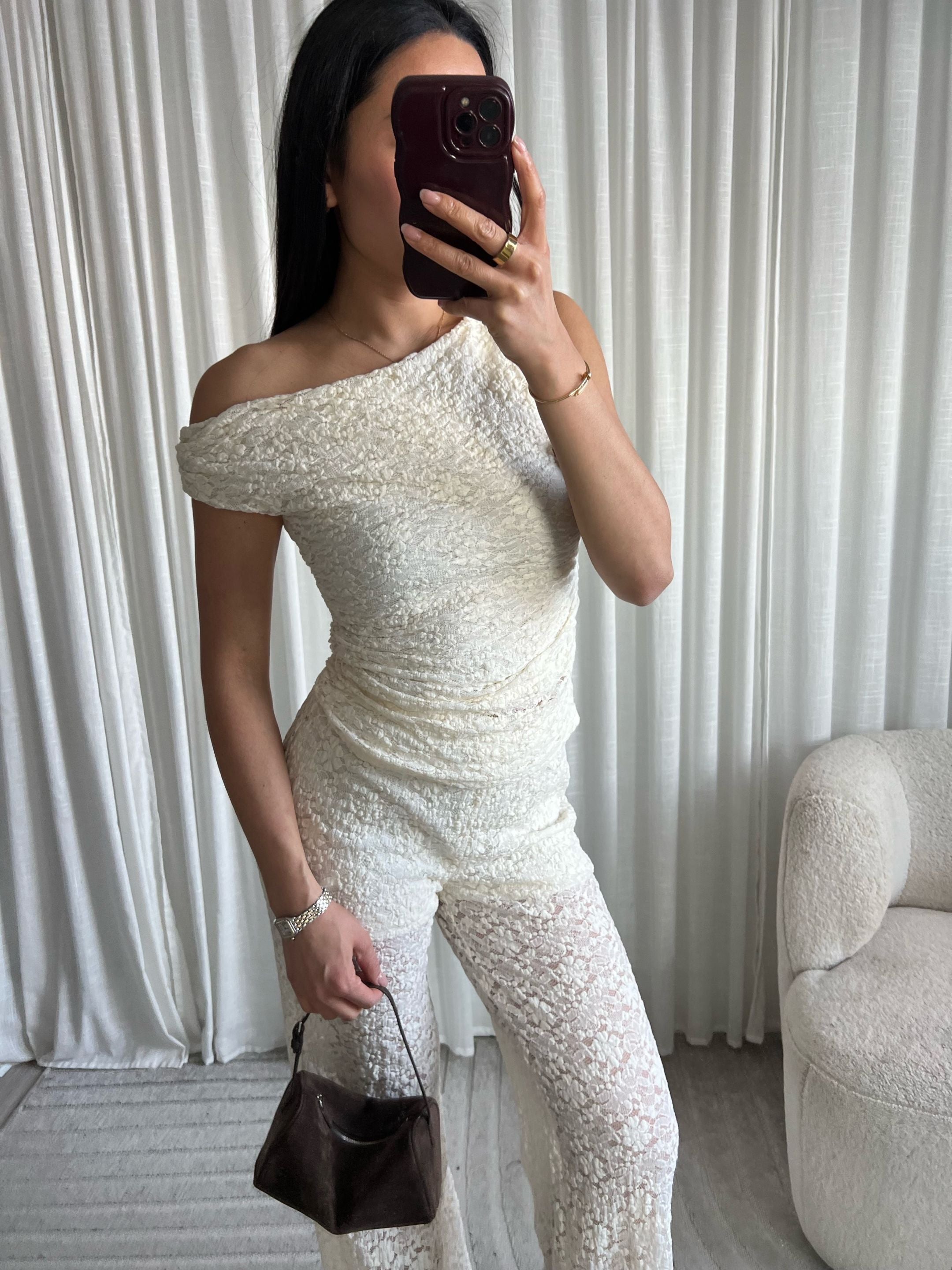 One shoulder lace top cream white