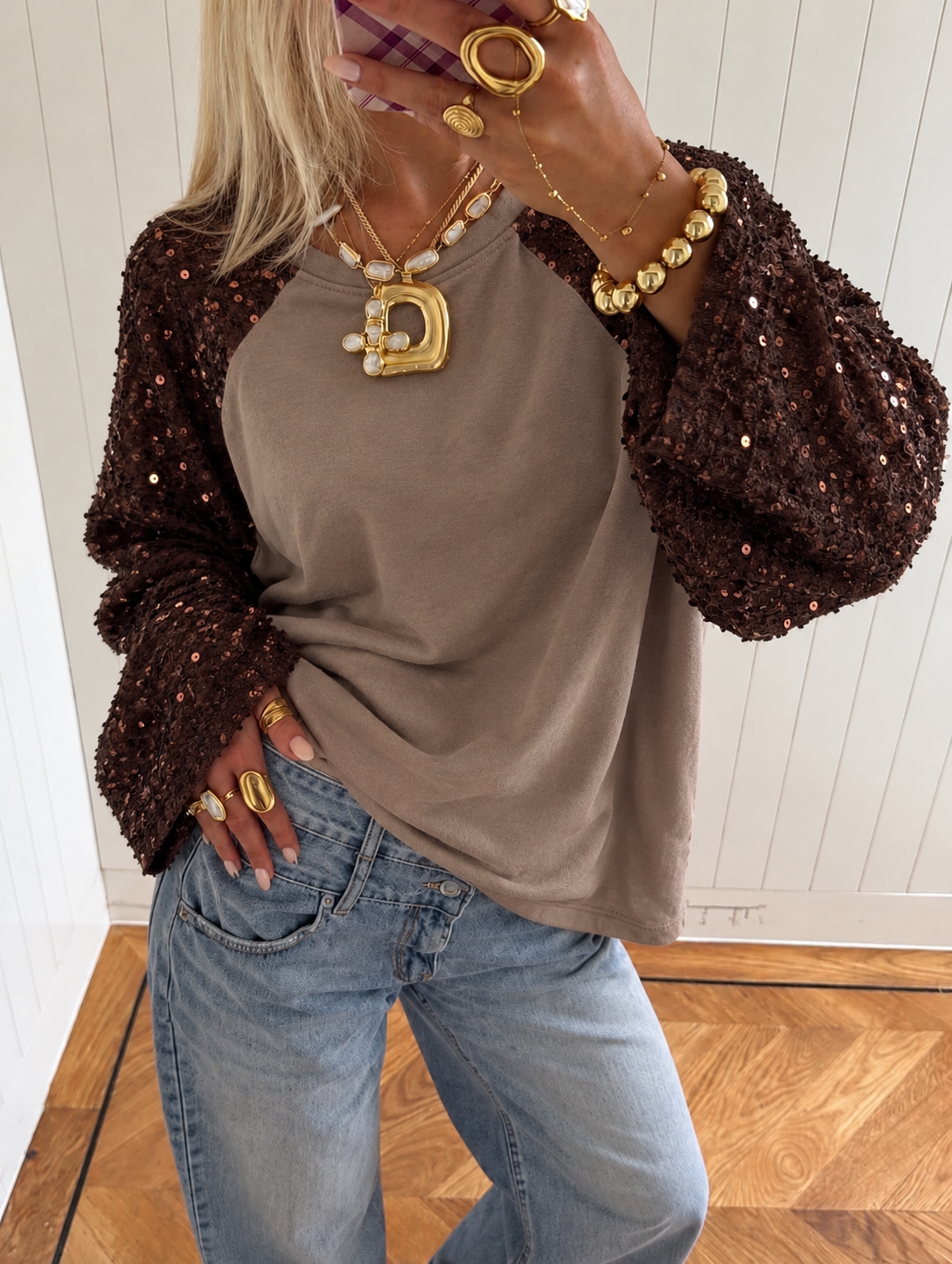 Glamour Sequin Sweatshirt - Brown