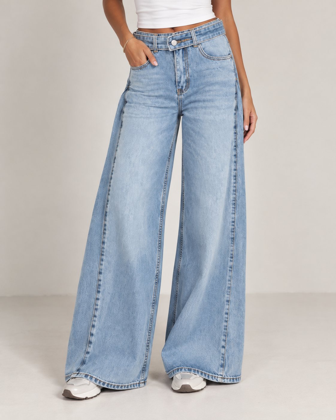 Redefined belted wide leg light blue