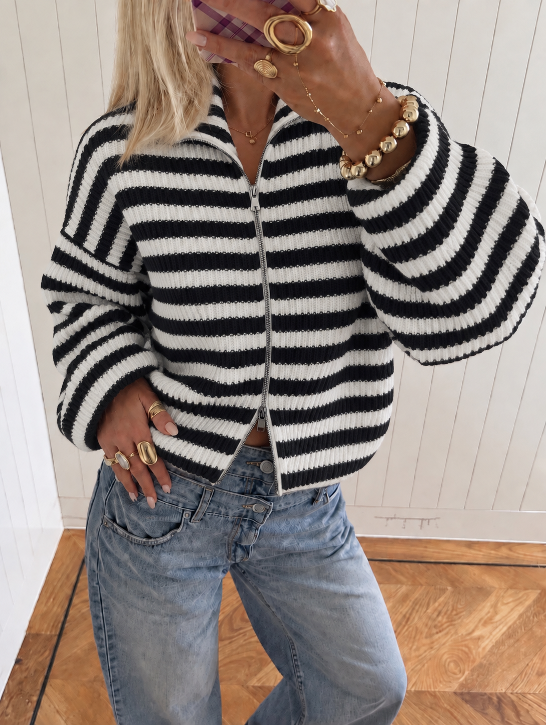 Essential Zip Knit striped black