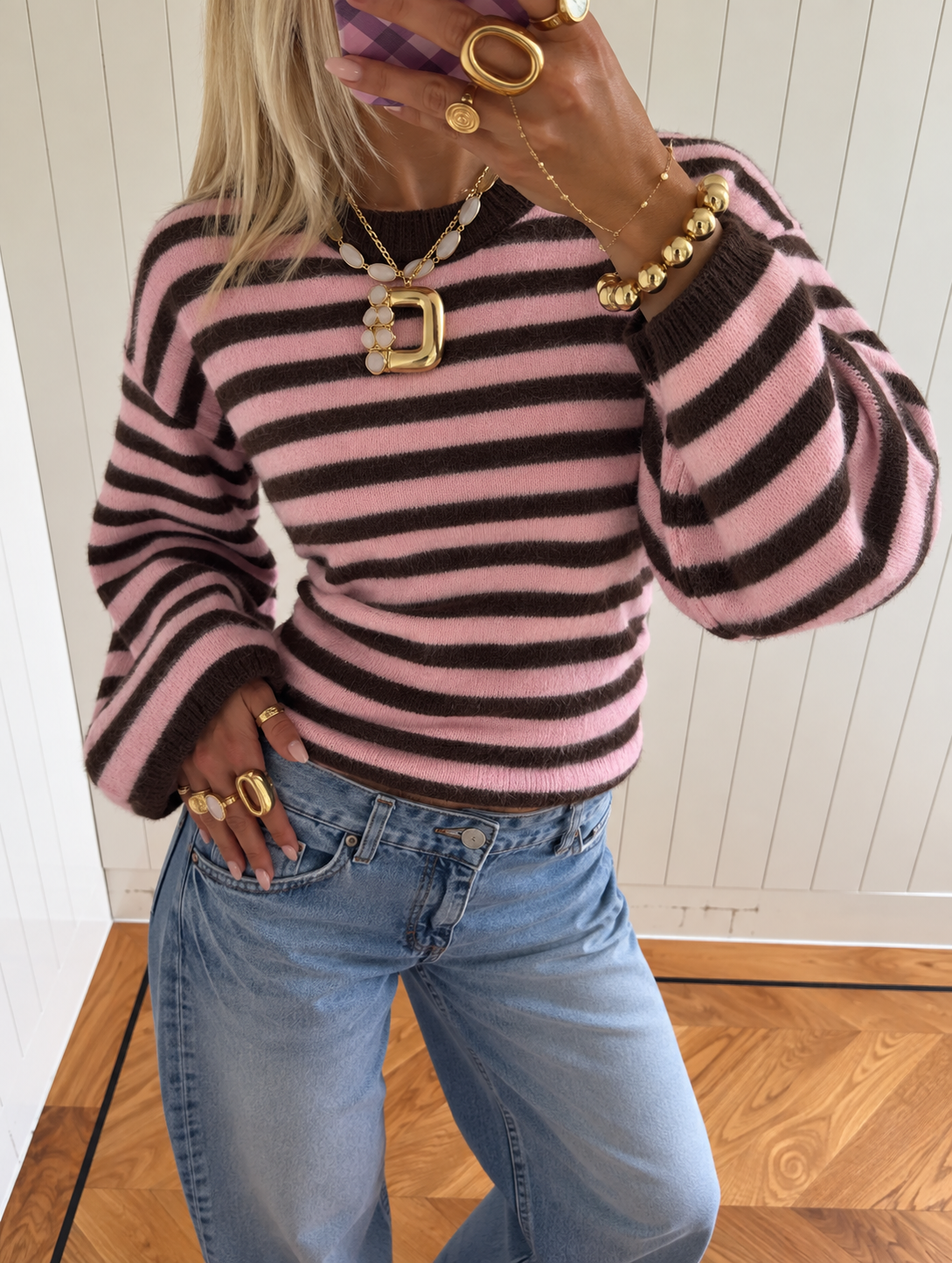 Sculpted Waist Striped Knit pink brown
