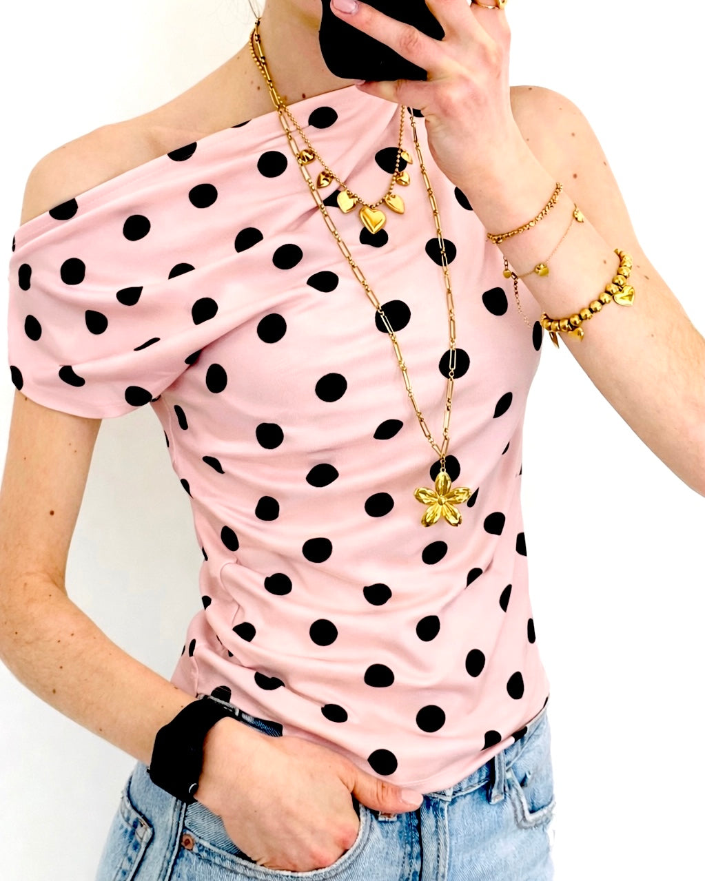 Polka dots one shoulder top pink black