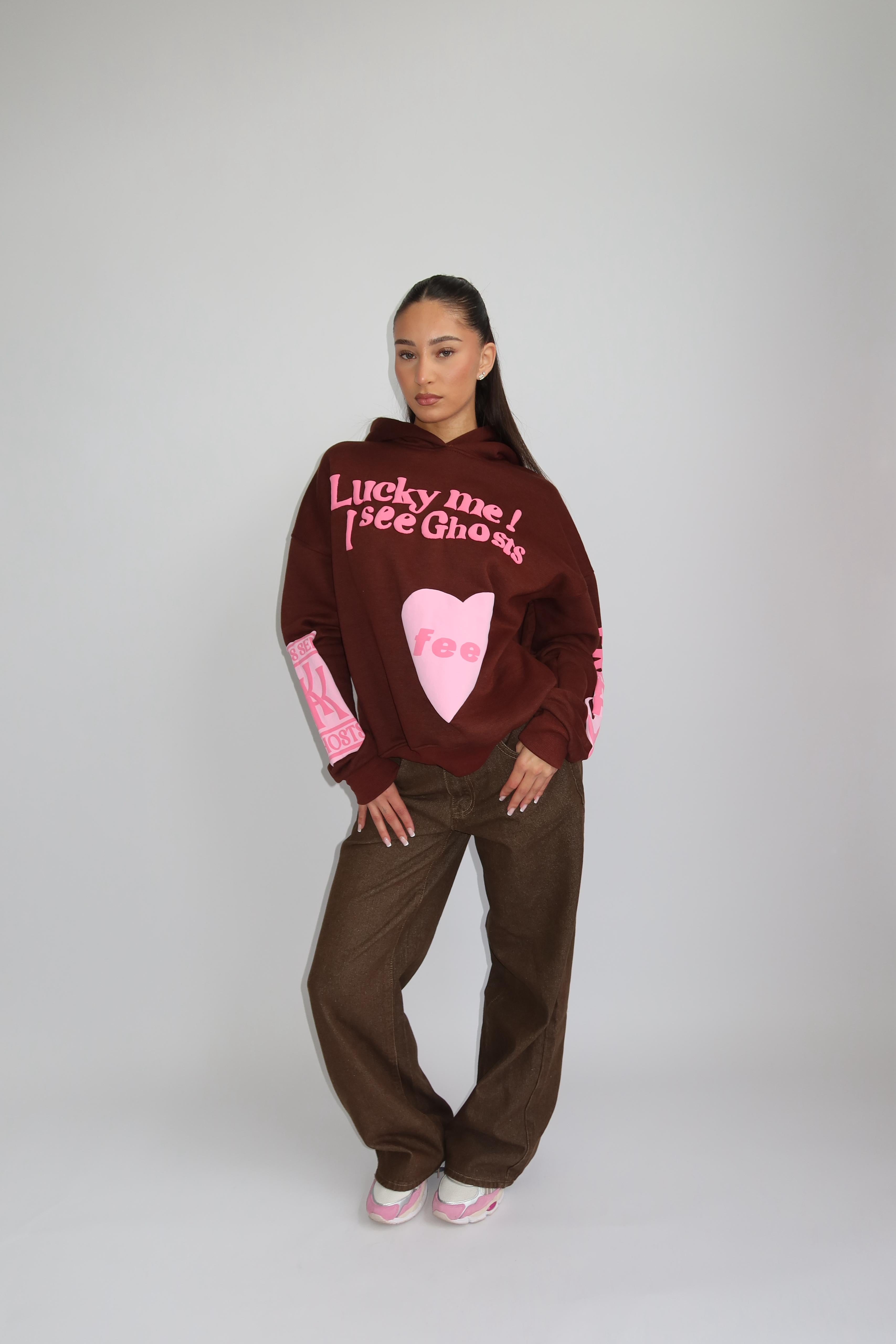 Lucky me hoodie brown pink