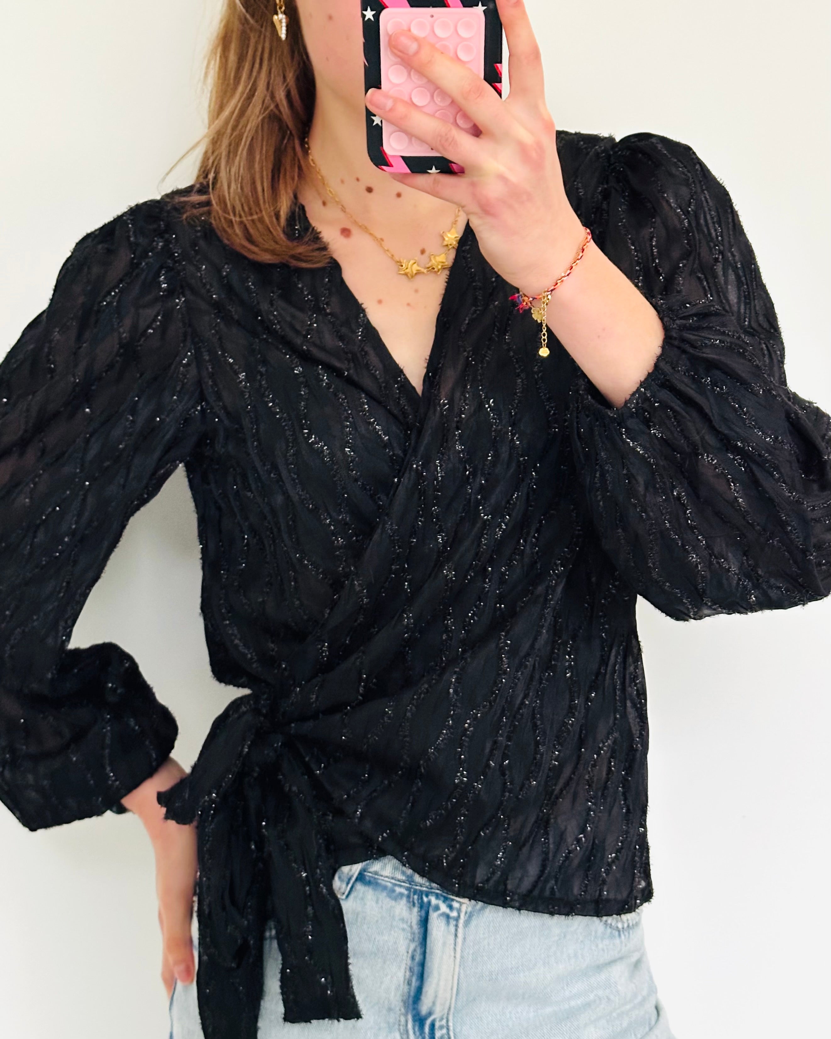 Wikkel glitter top zwart