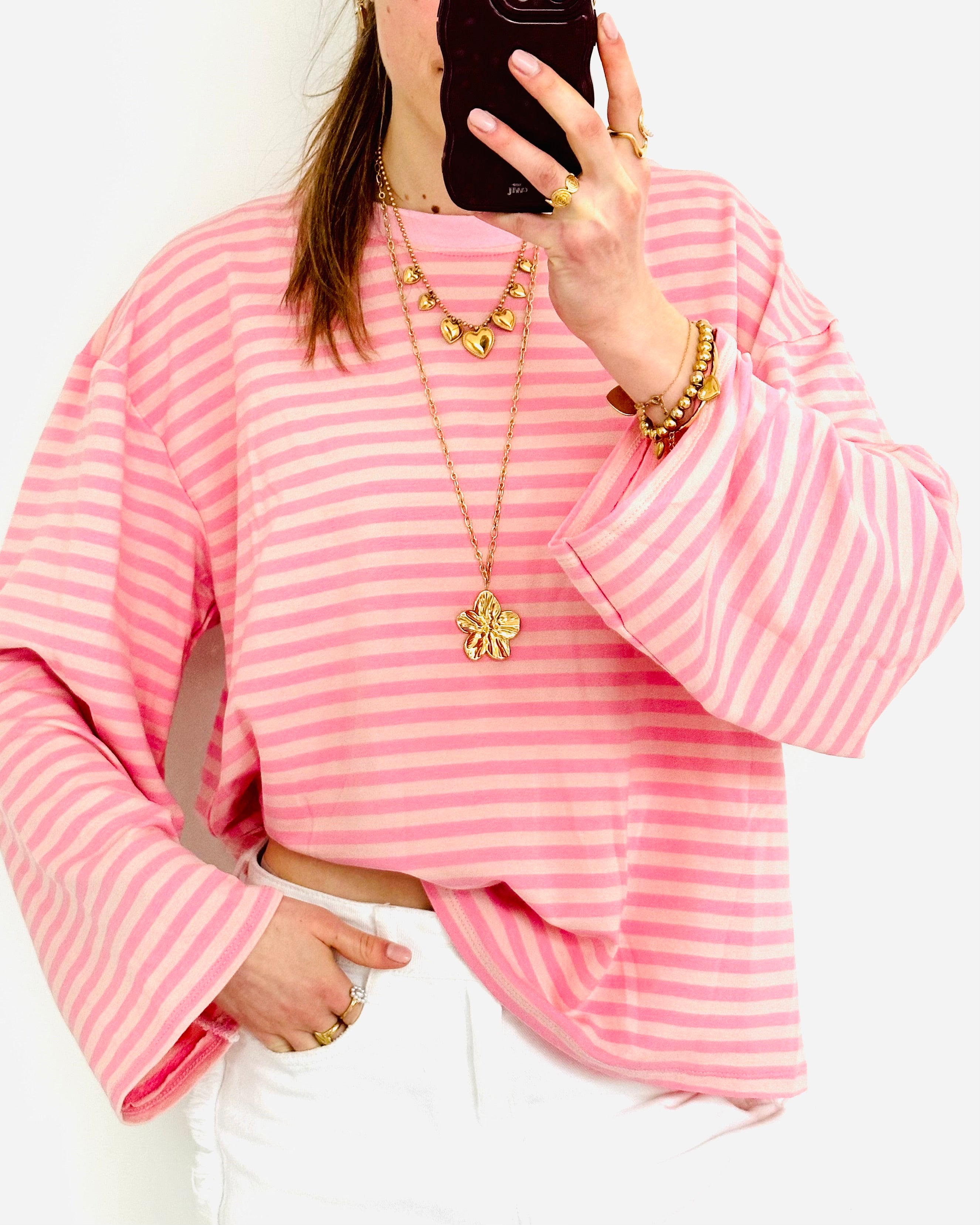 Casual stripe longsleeve roze beige