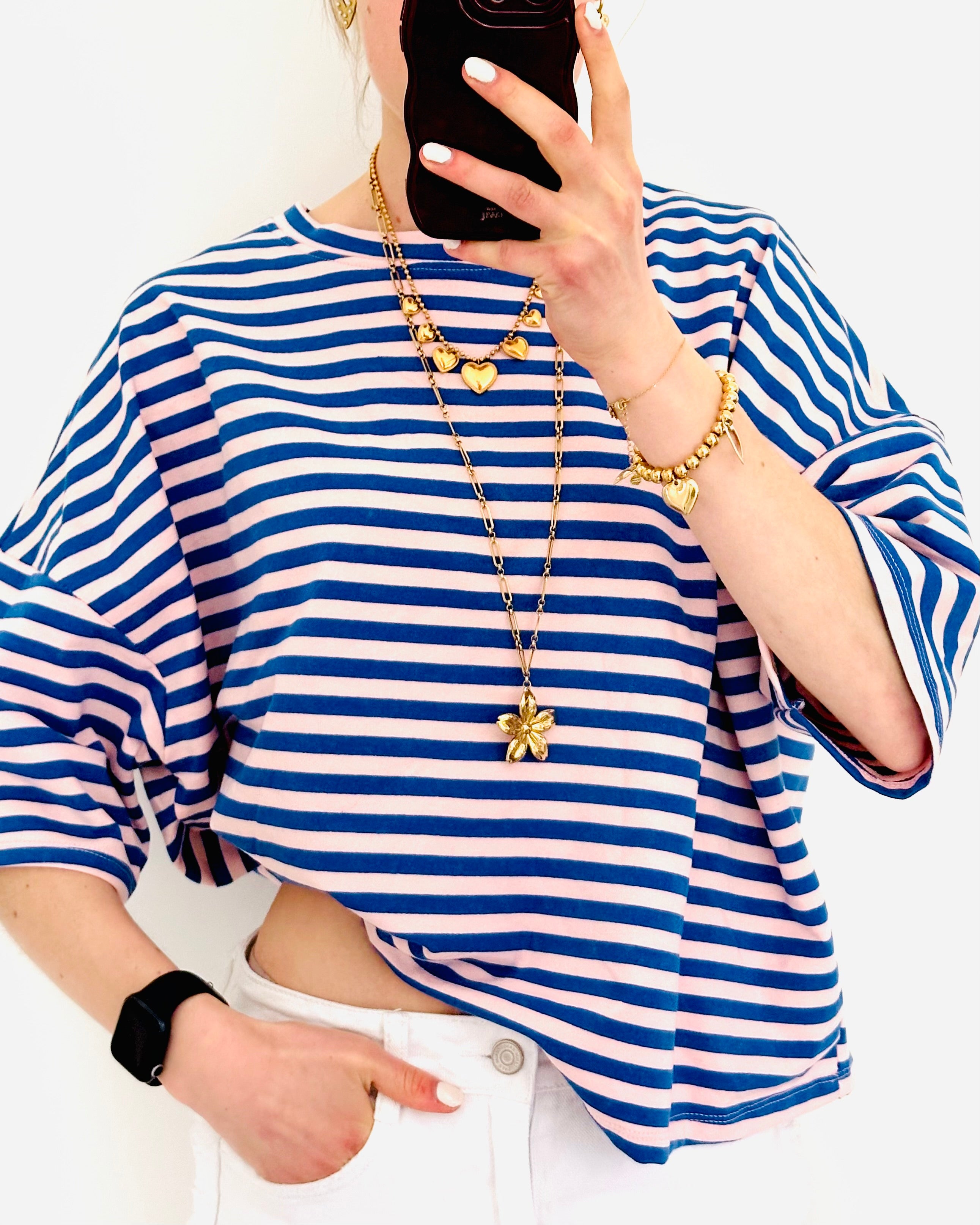 Striped shortsleeve kobalt licht roze