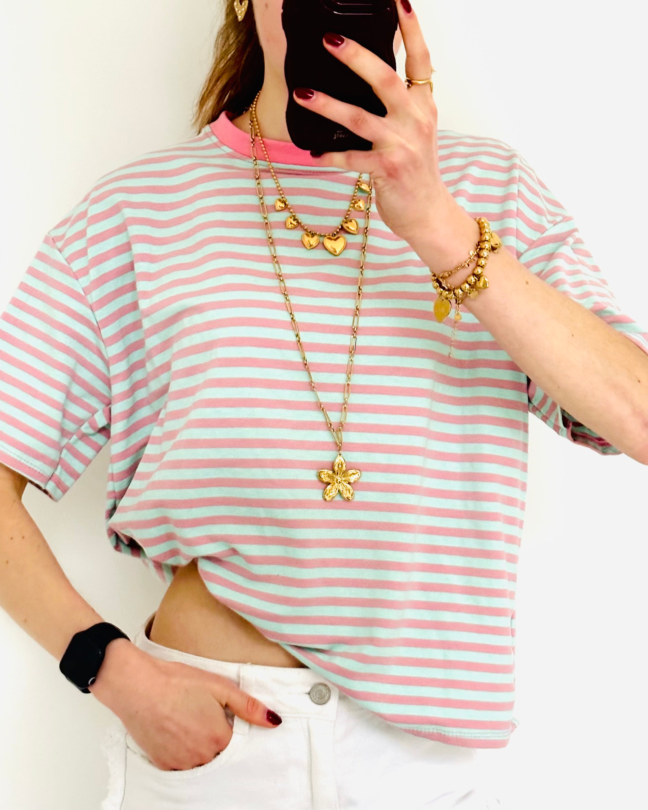 Casual stripe shortsleeve aqua pink