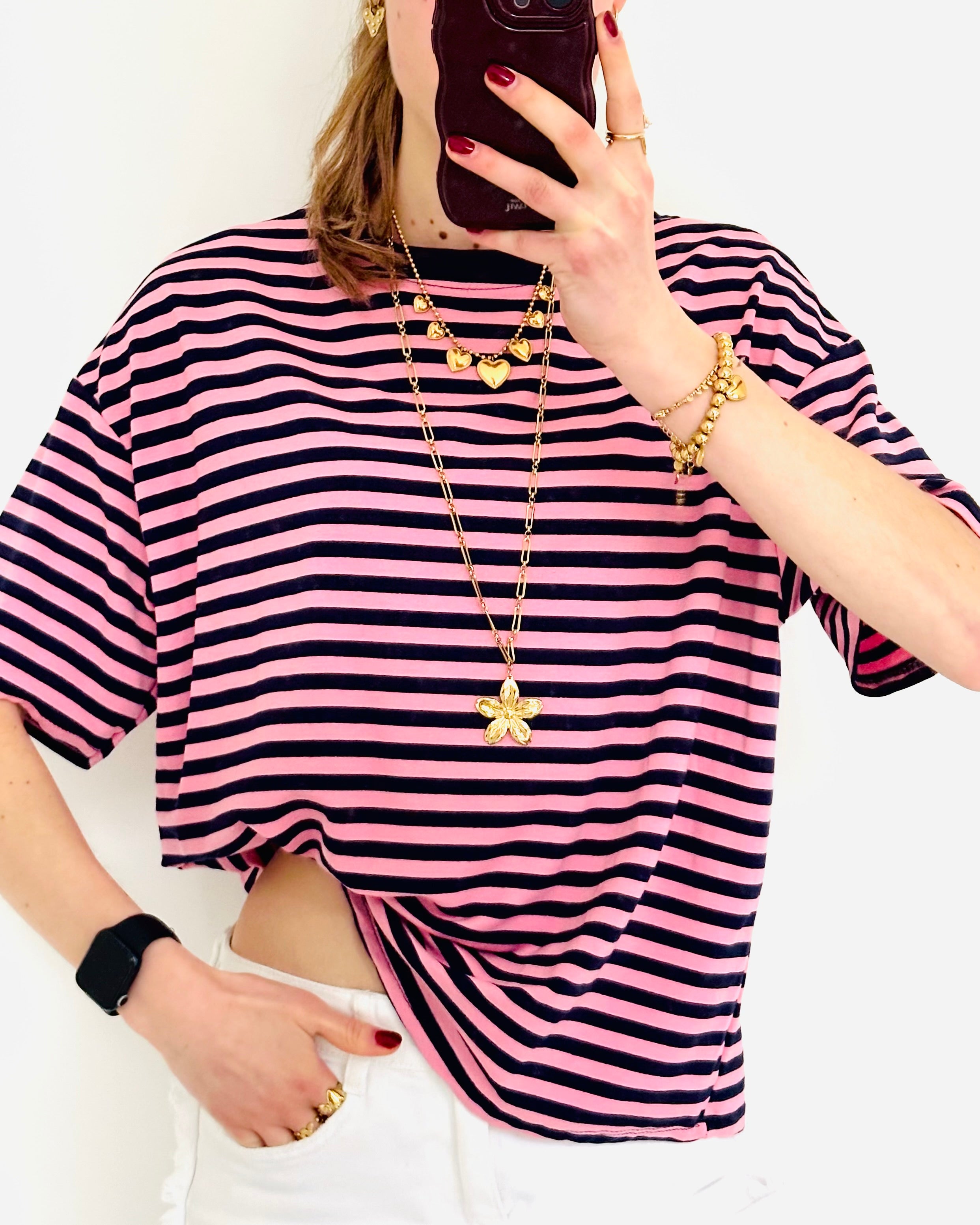 Casual stripe shortsleeve navy pink