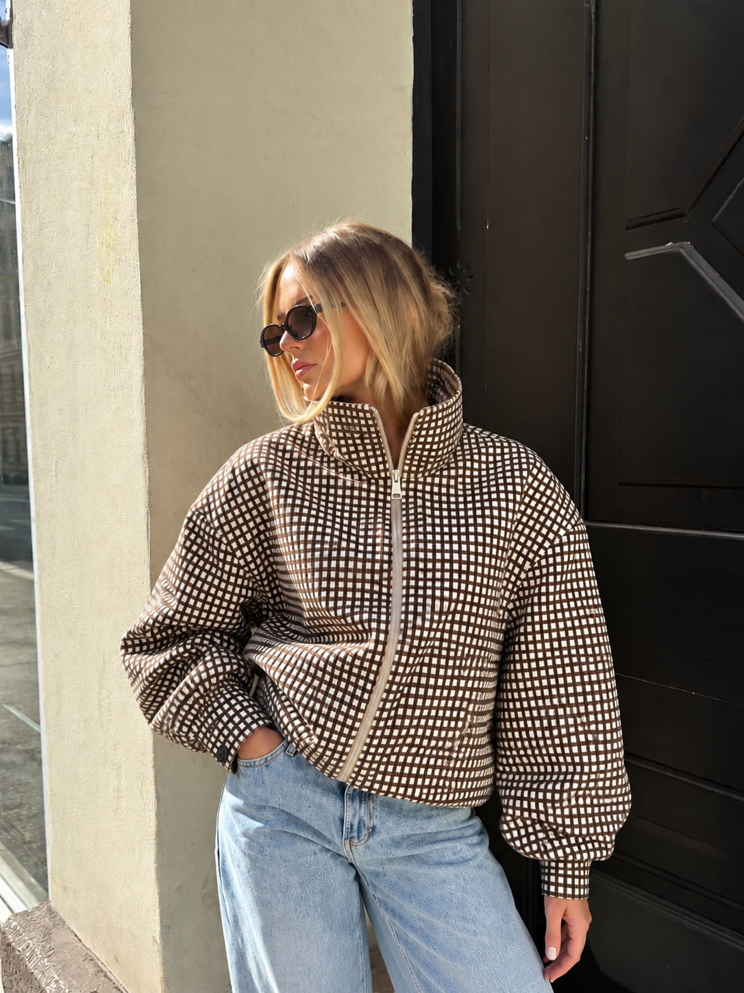 Mila Checkered Bomber Jacket Brown