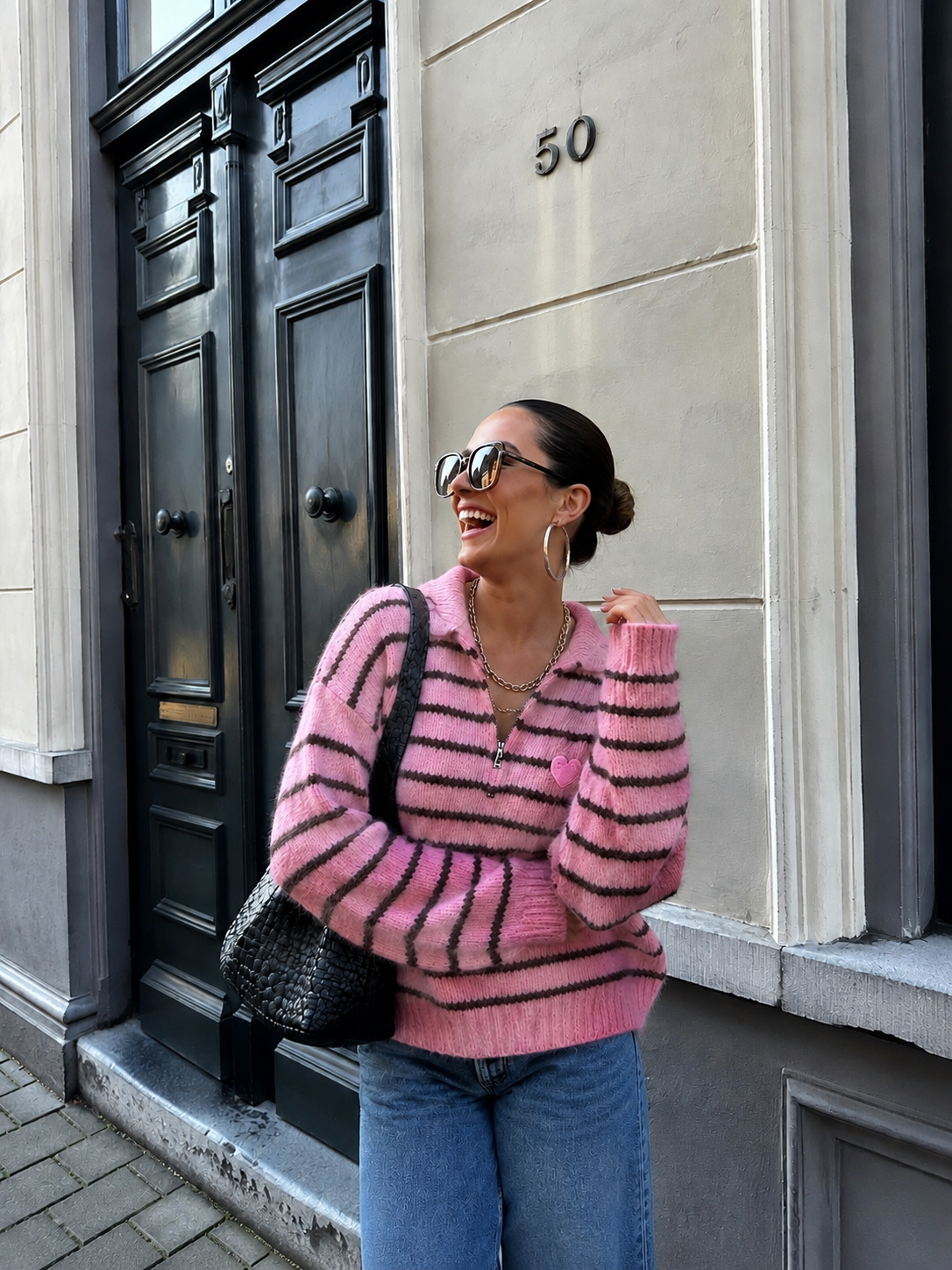 Heart striped trui brown pink