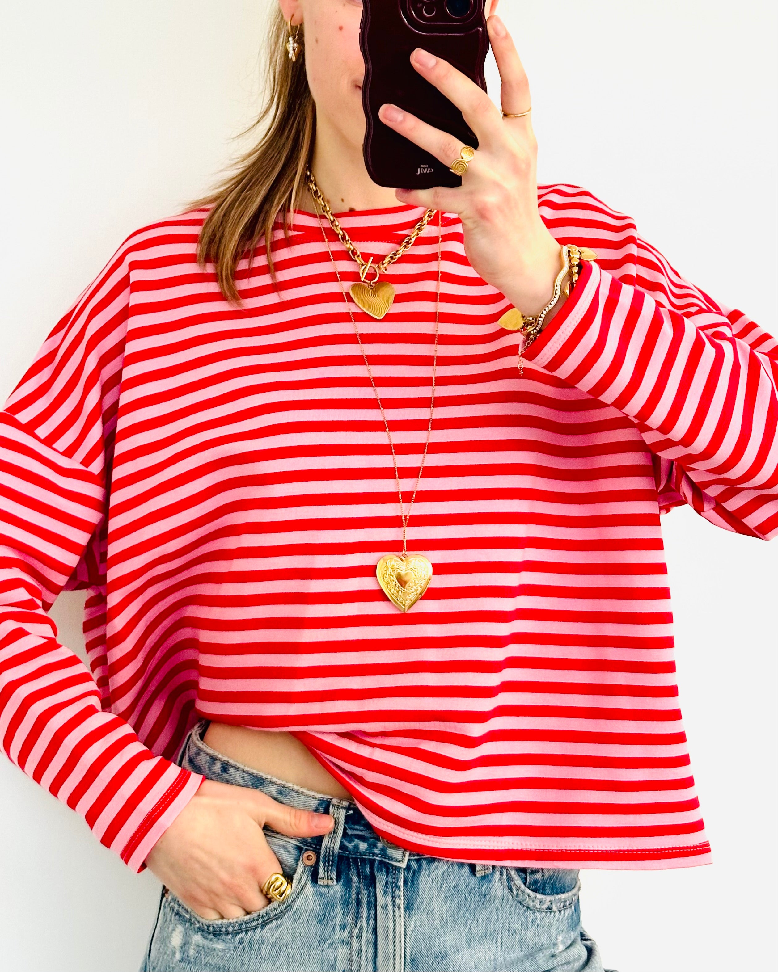 Casual stripe longsleeve pink red