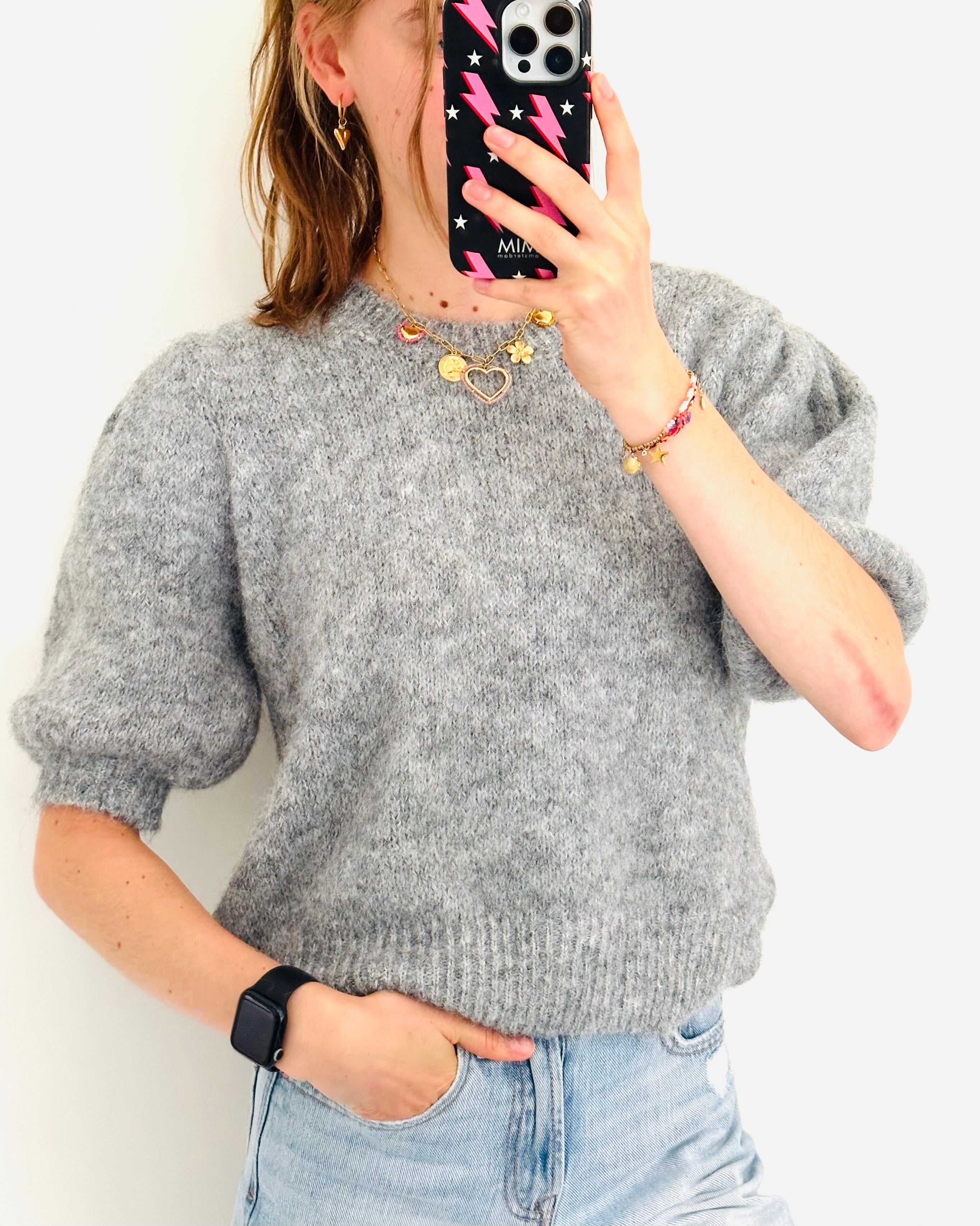 Haut confortable à manches bouffantes gris