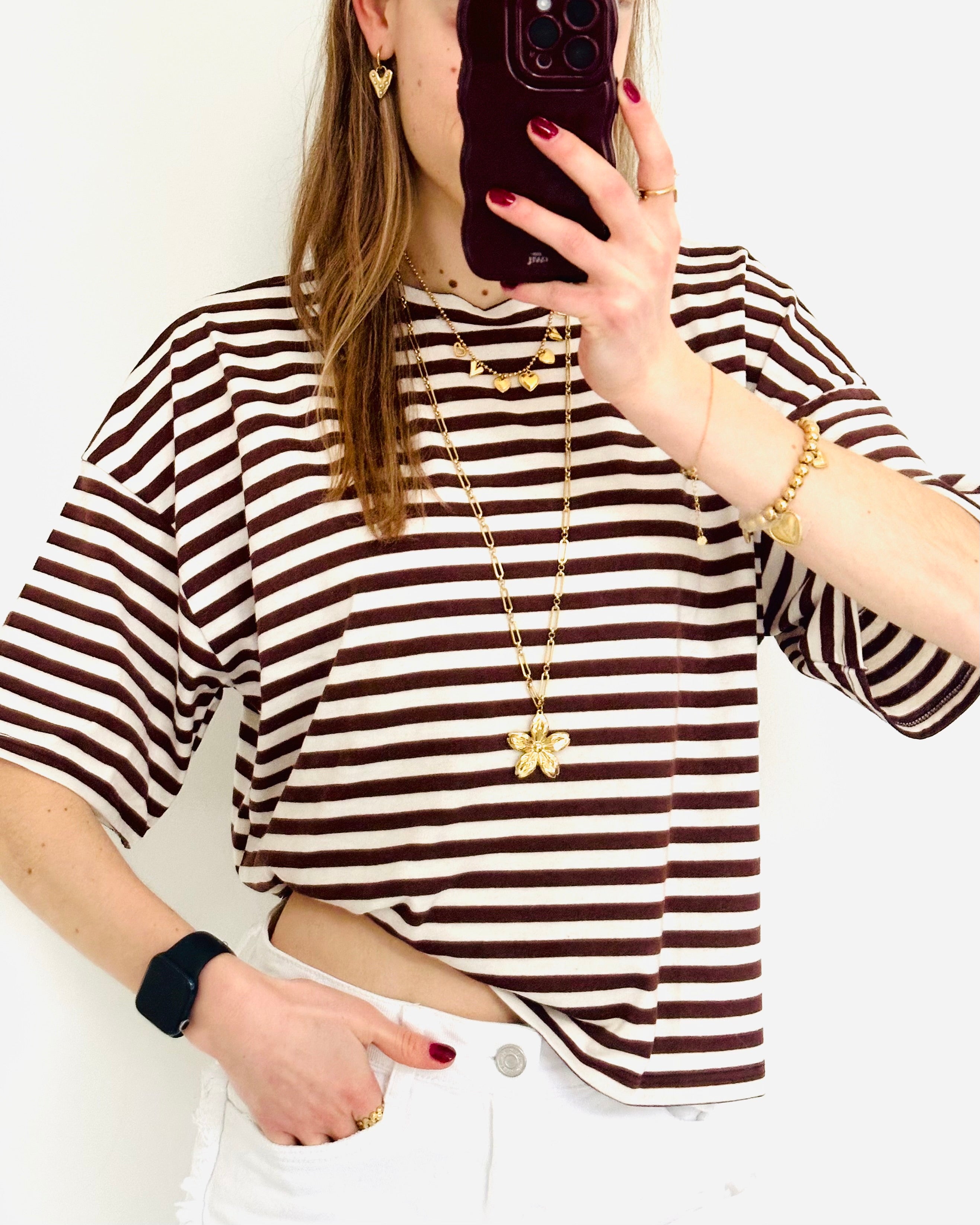 Shortsleeve stripe top bruin wit