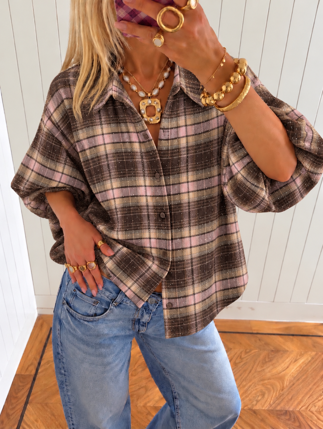 Cleo Sparkle Check Blouse pink brown