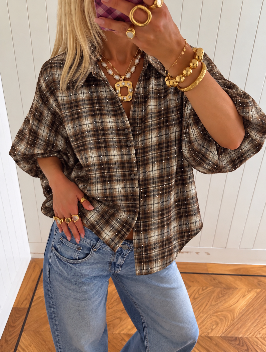 Cleo Sparkle Check Blouse mocha brown