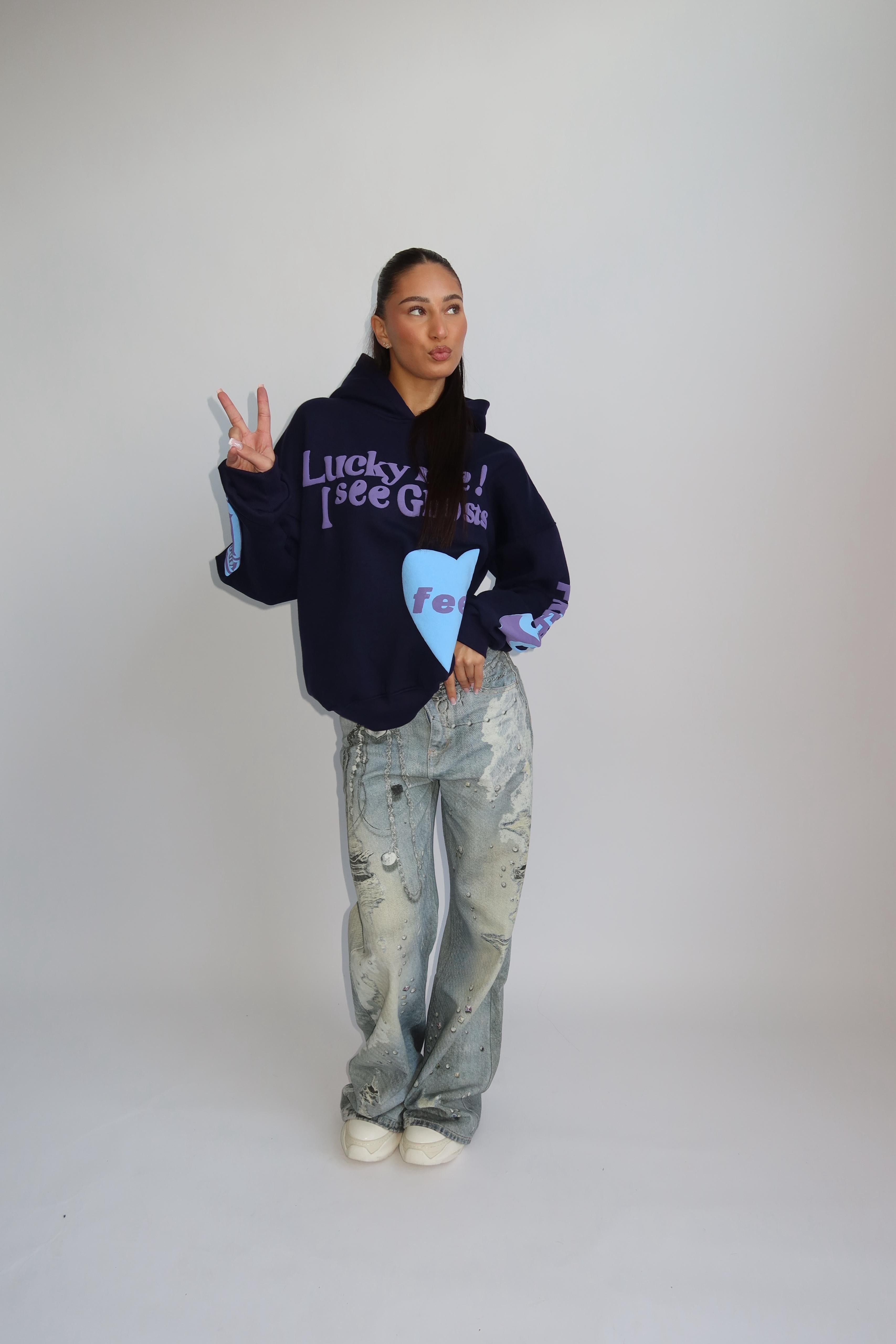 Lucky me hoodie navy purple