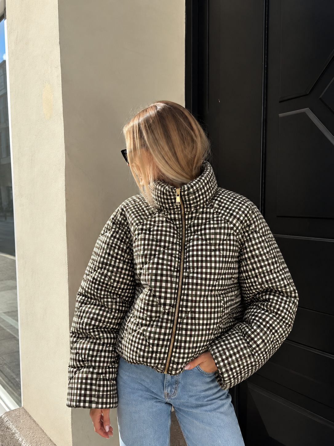 Mila Checkered Puffer Jacket khaki brown