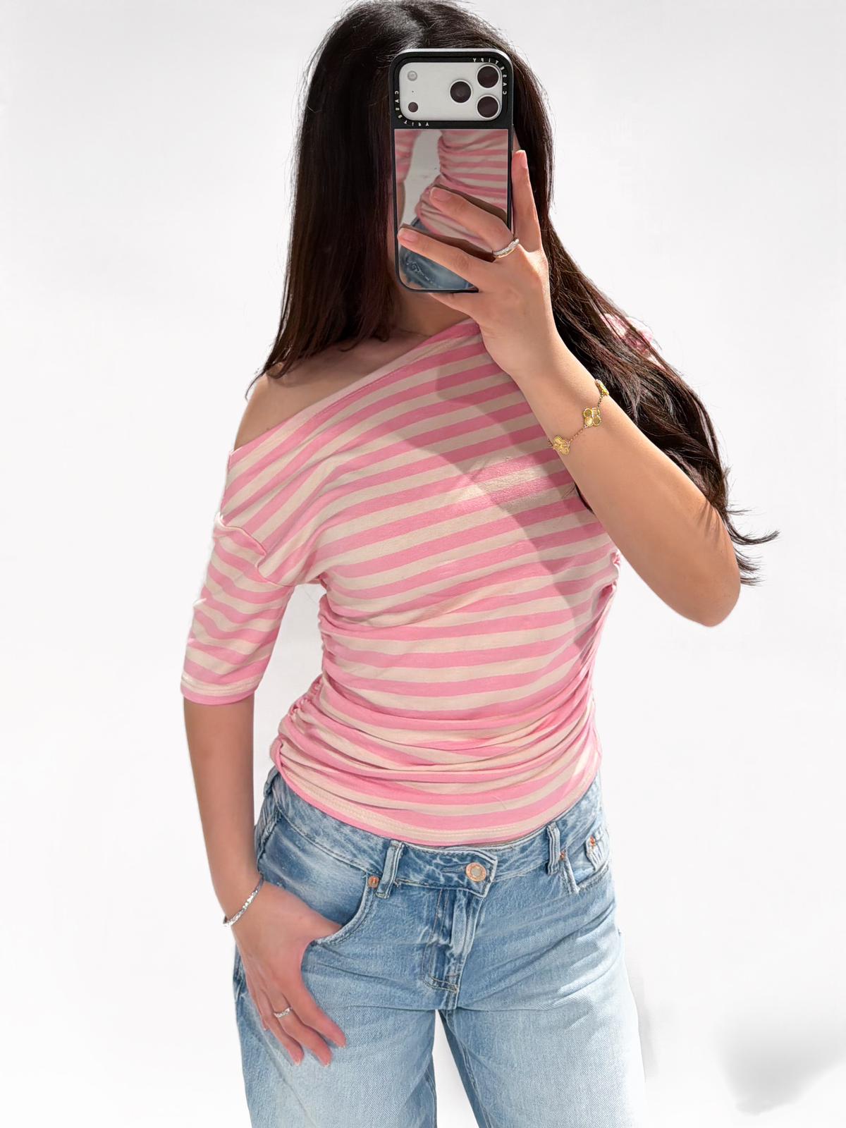 Casual stripe top roze wit