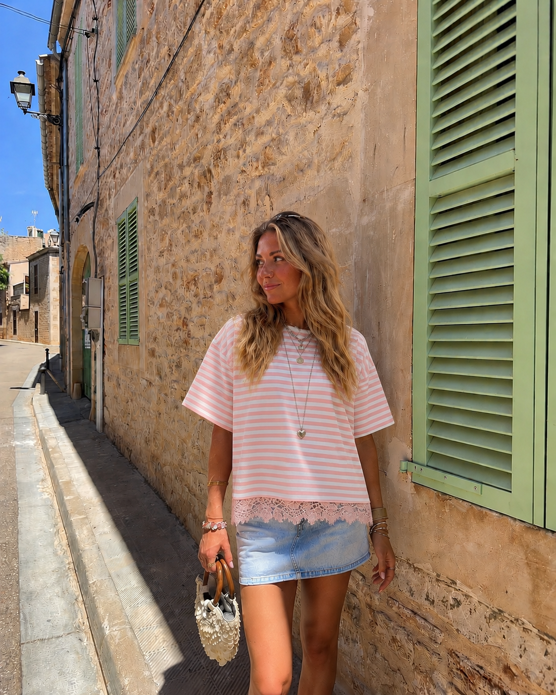 Striped lace shortsleeve pink white