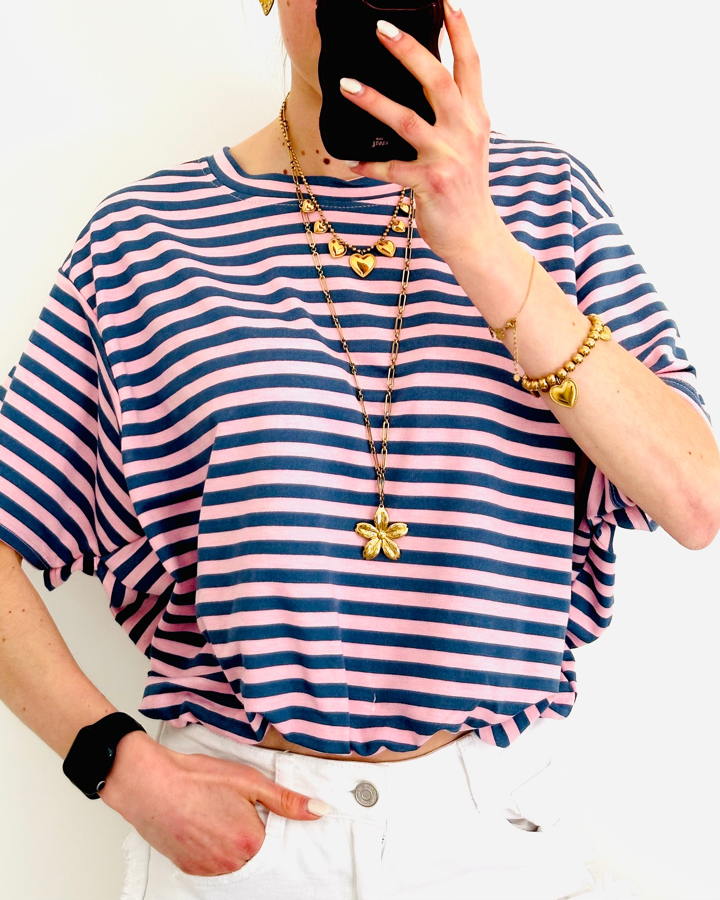 Soft fit top striped denim pink