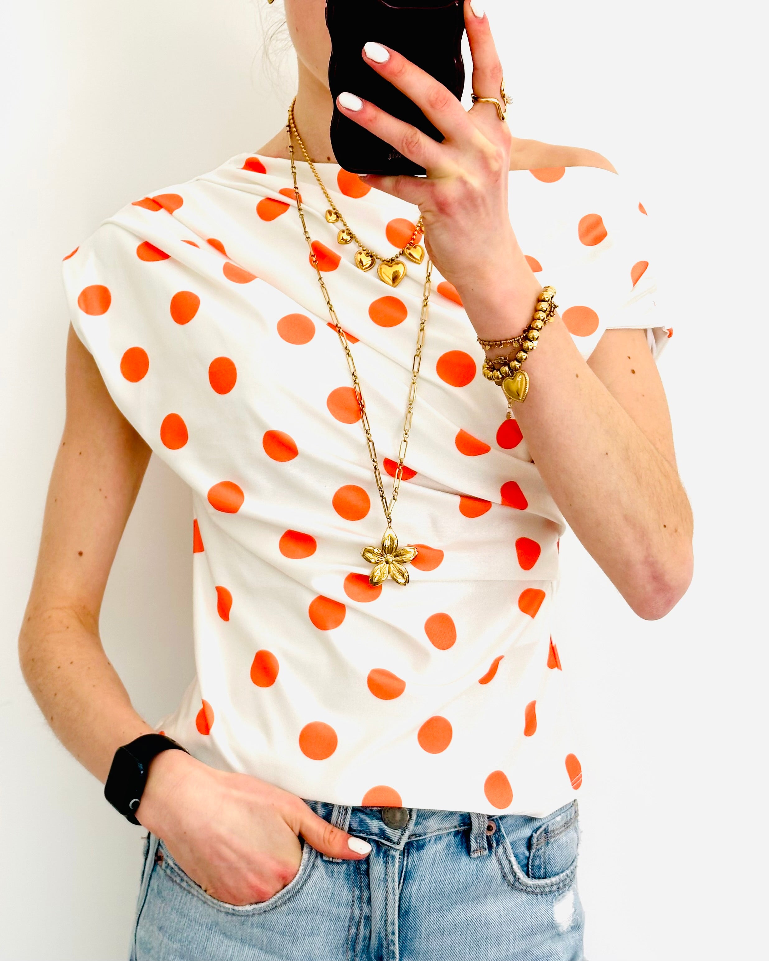 Polka dots one shoulder top white orange