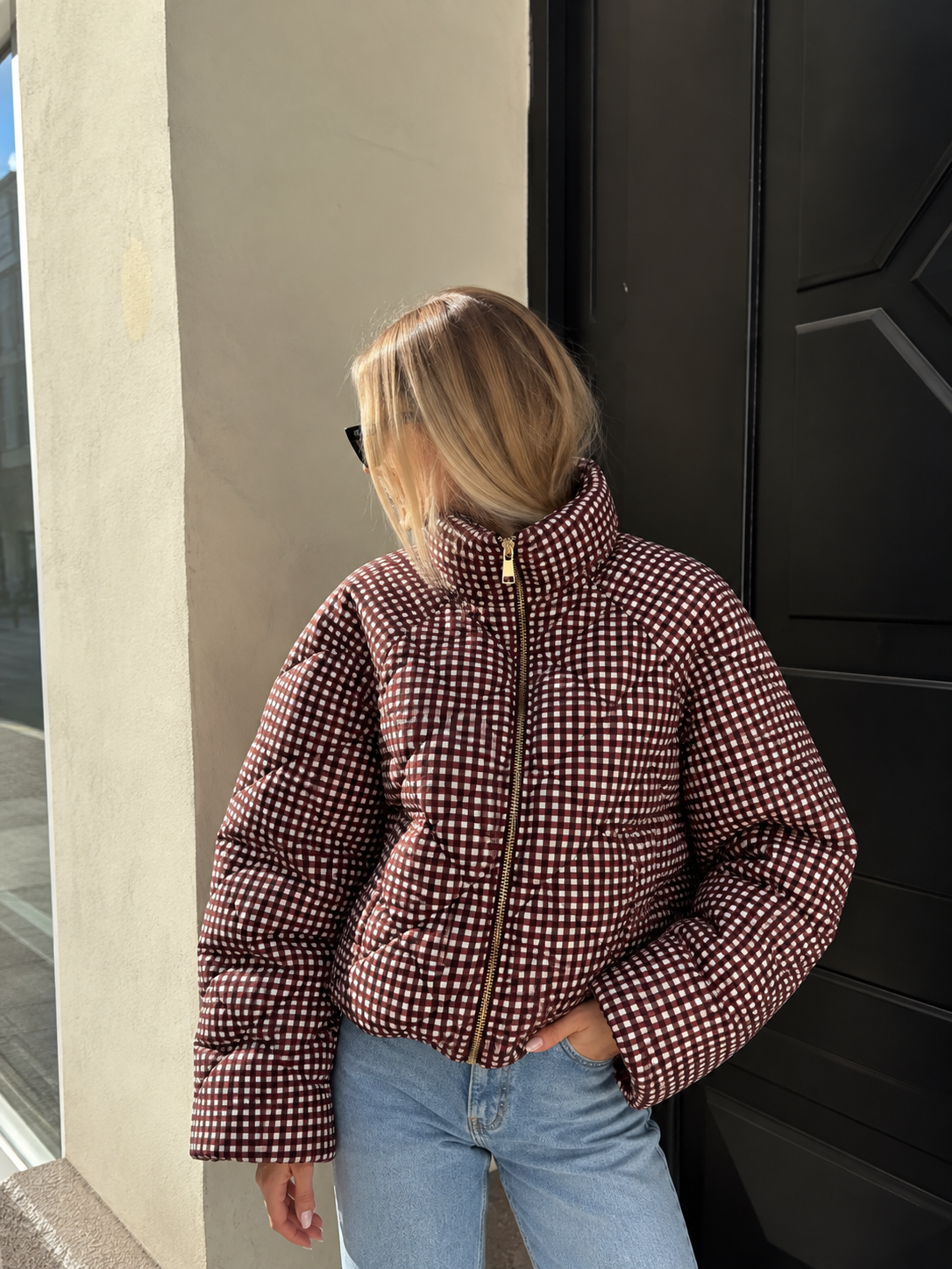 Mila Checkered Puffer Jacket bordeaux