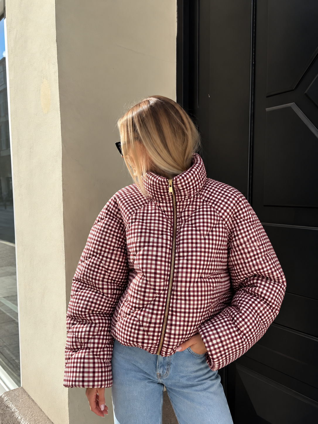 Mila Gingham Puffer Jacket Burgundy