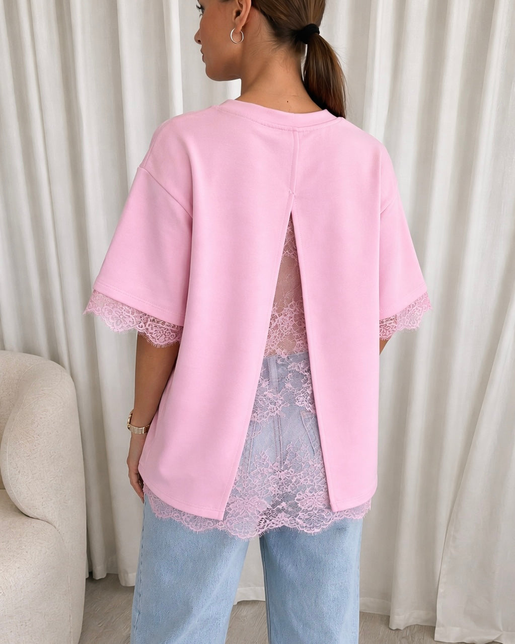 Lace shortsleeve open back roze