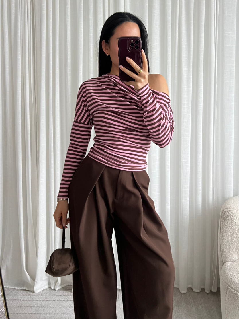 One shoulder striped top pink brown
