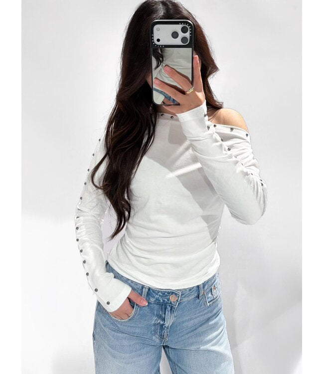 One shoulder studs top white
