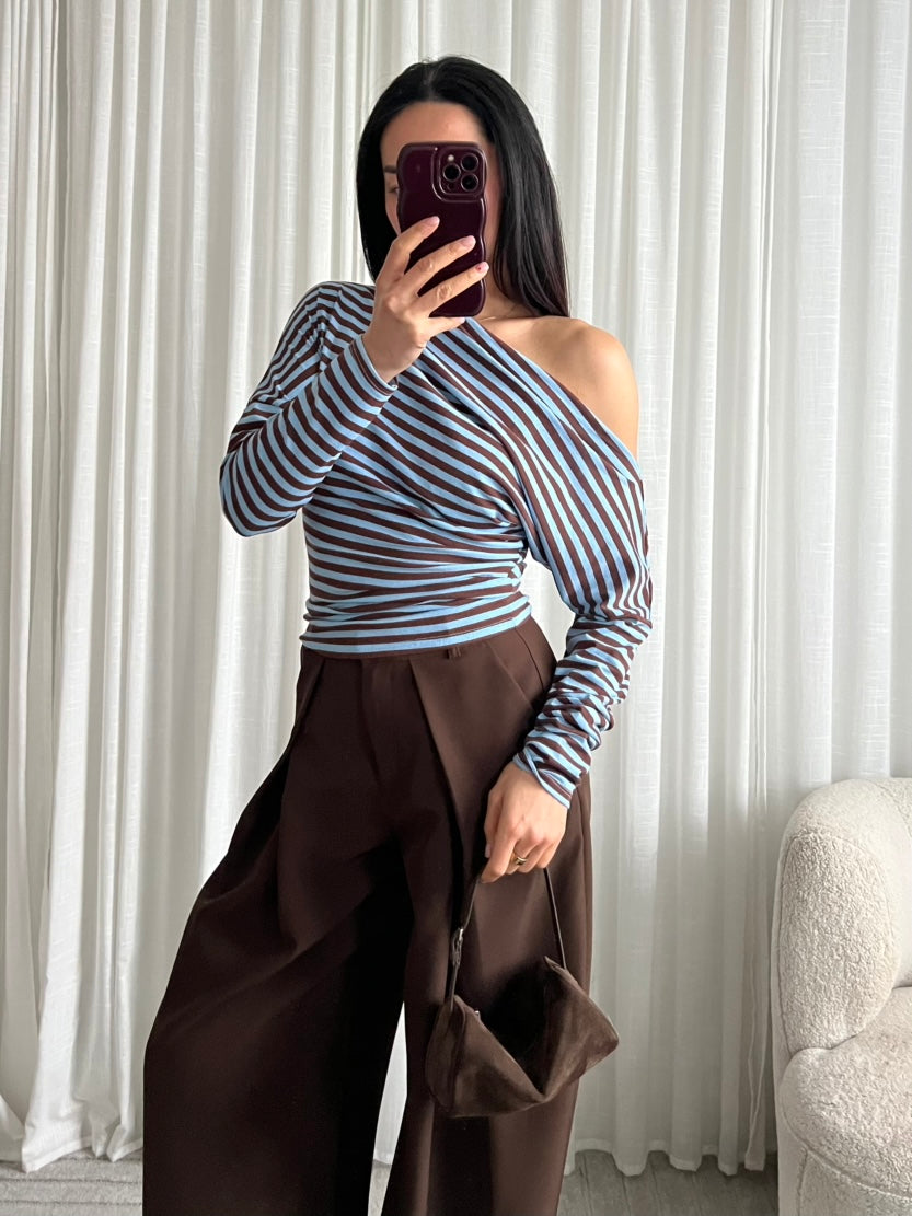 One shoulder striped top blue brown