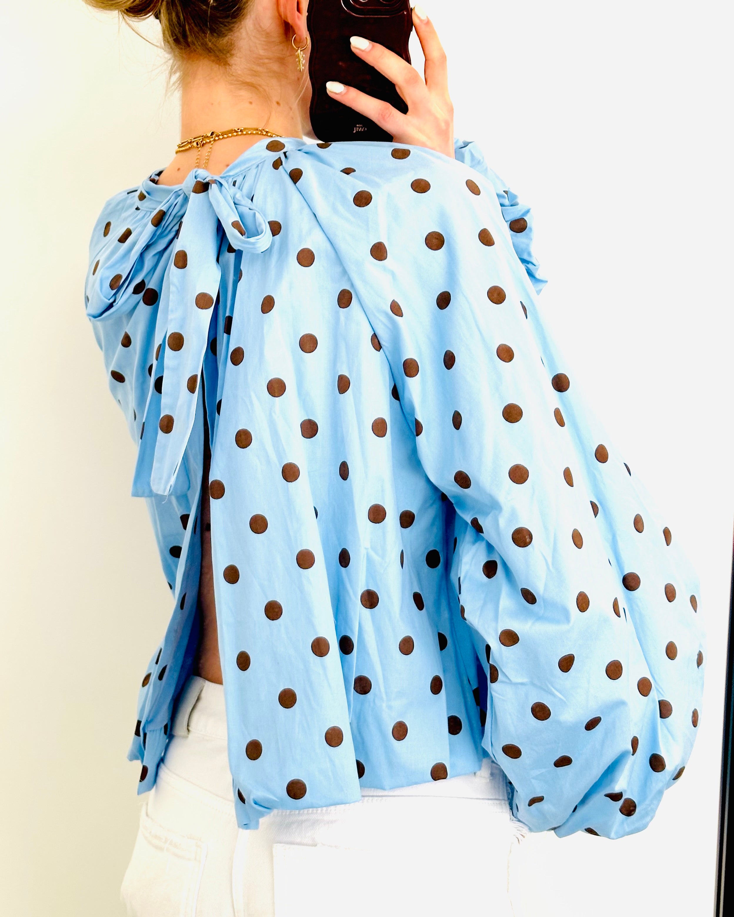 Dots blouse open back light blue brown
