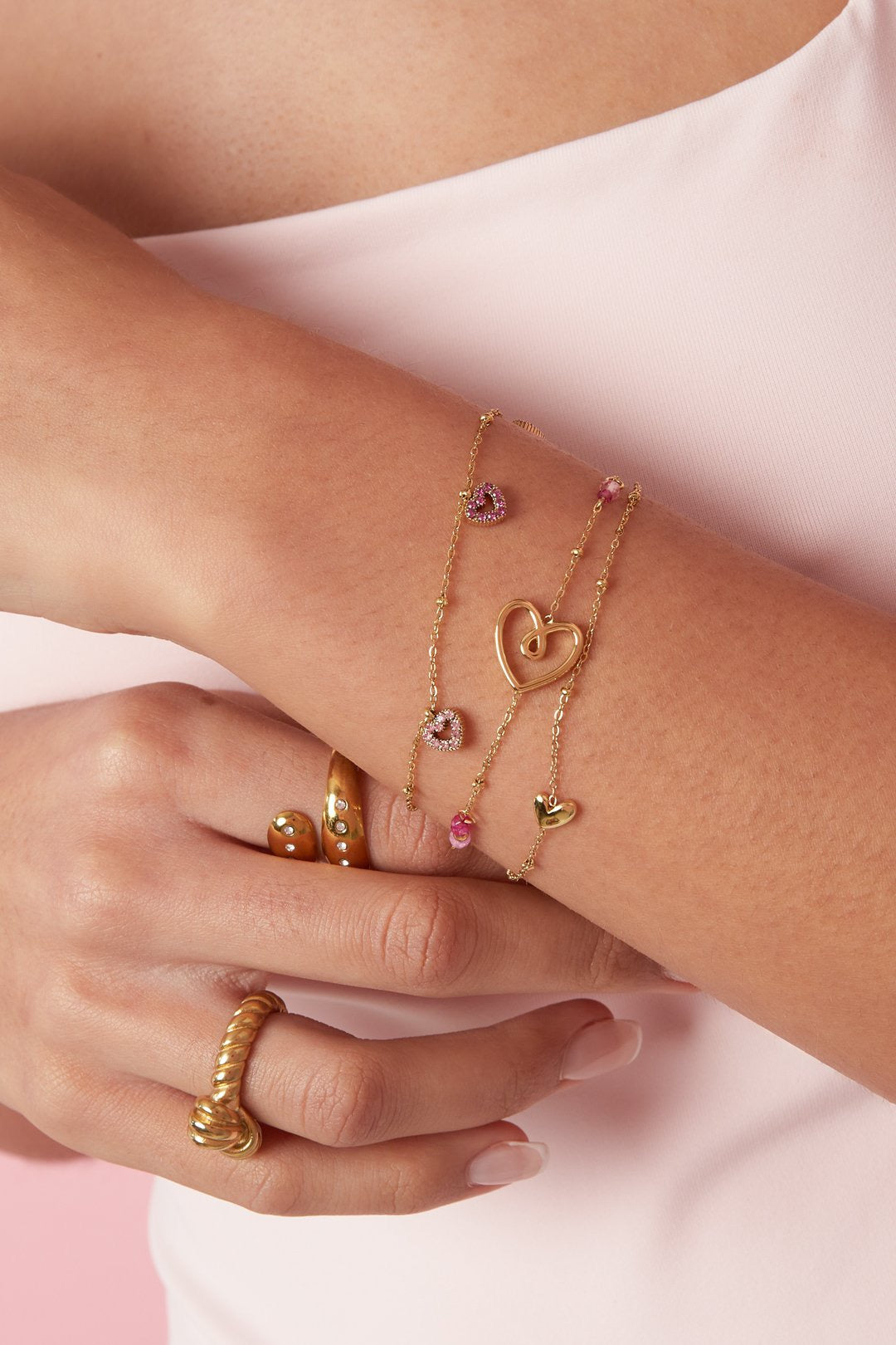 Triple heart armband shimmer goud roze