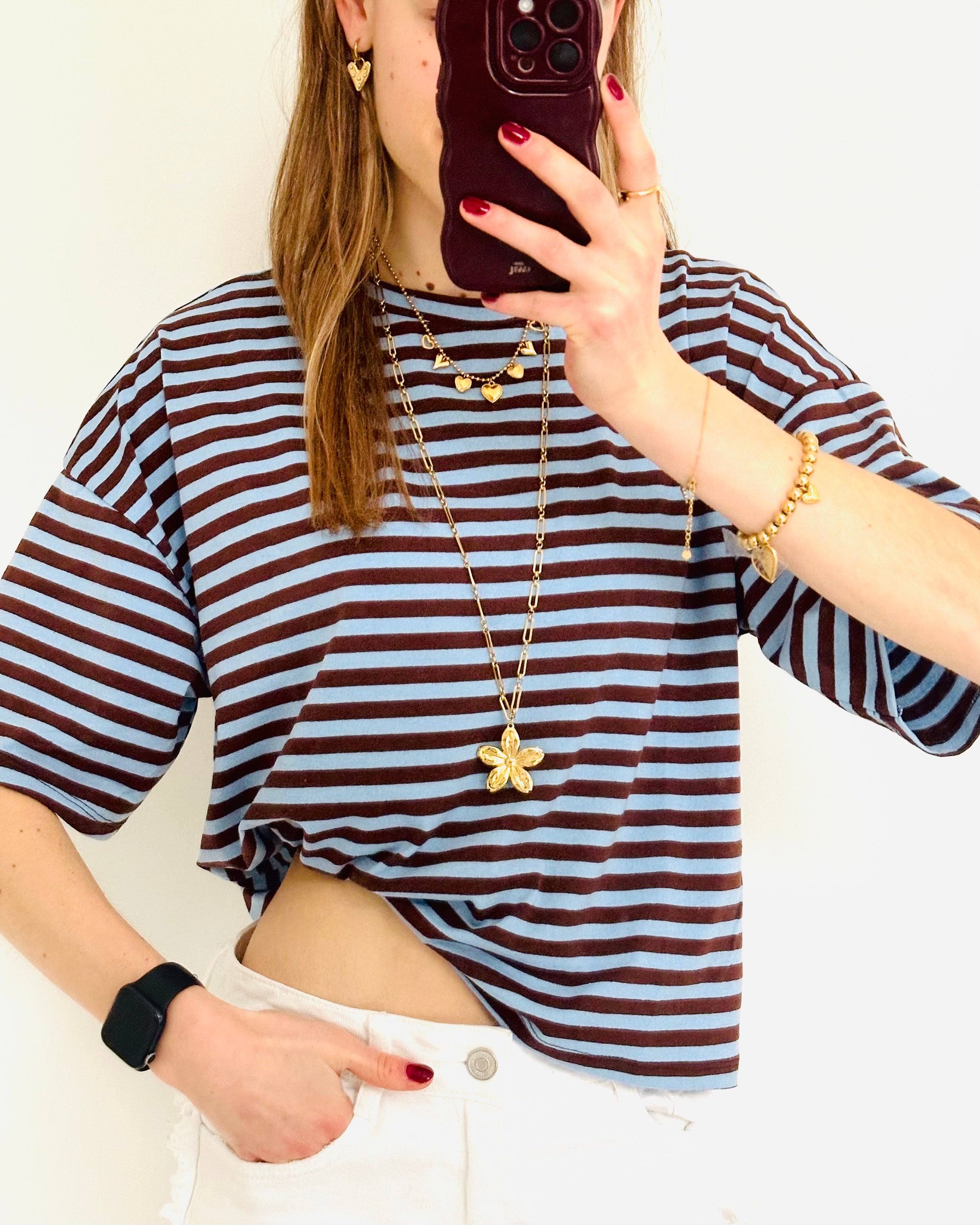 Shortsleeve stripe top bruin blauw