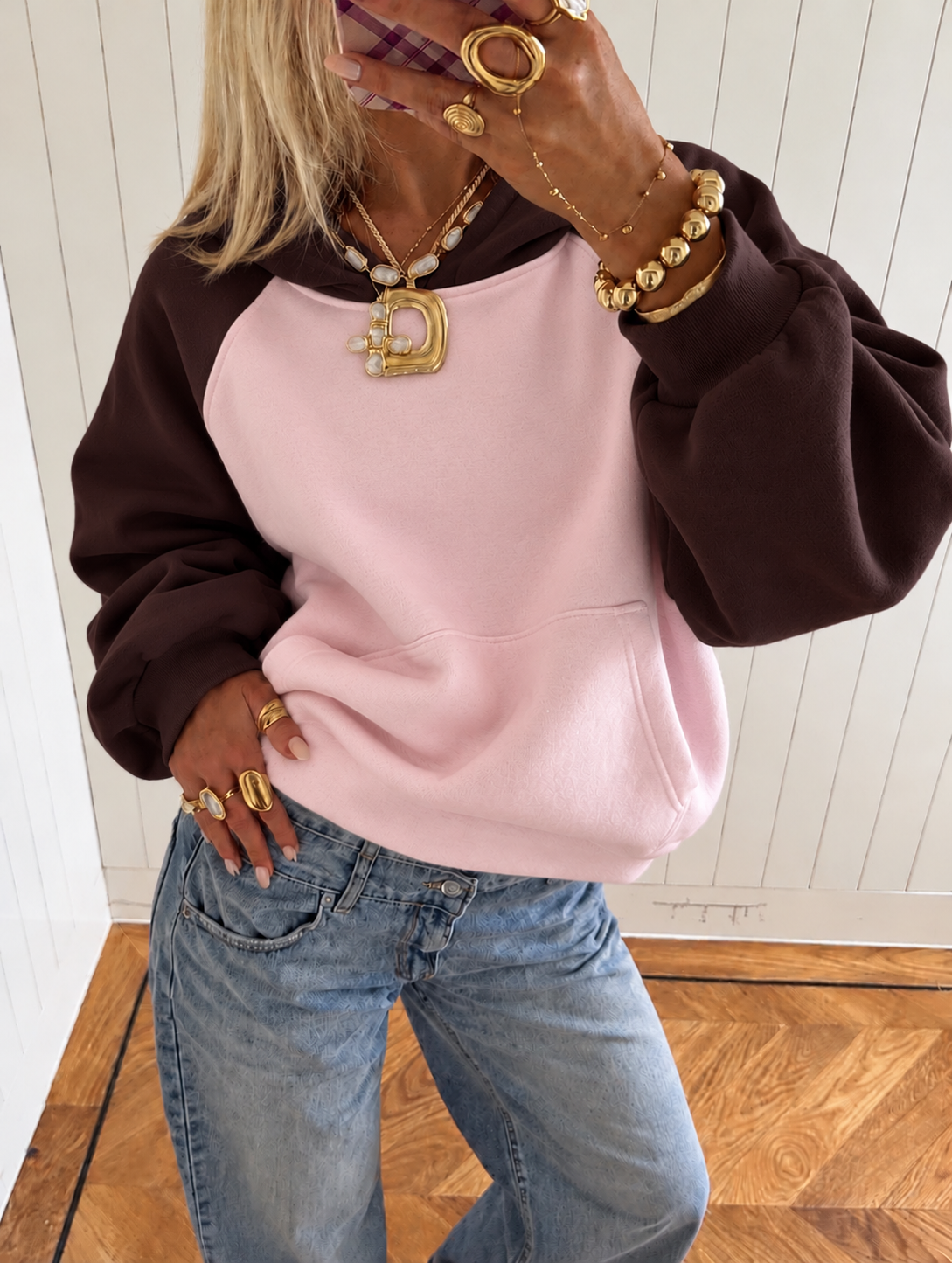 Contrast Hoodie – Pink/Brown