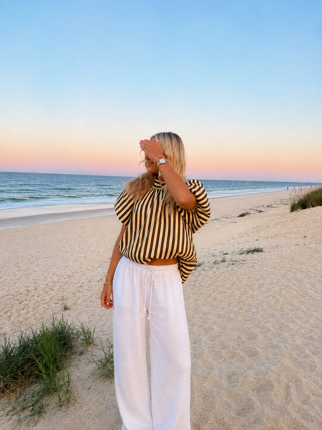 Stripe blouse open back yellow brown