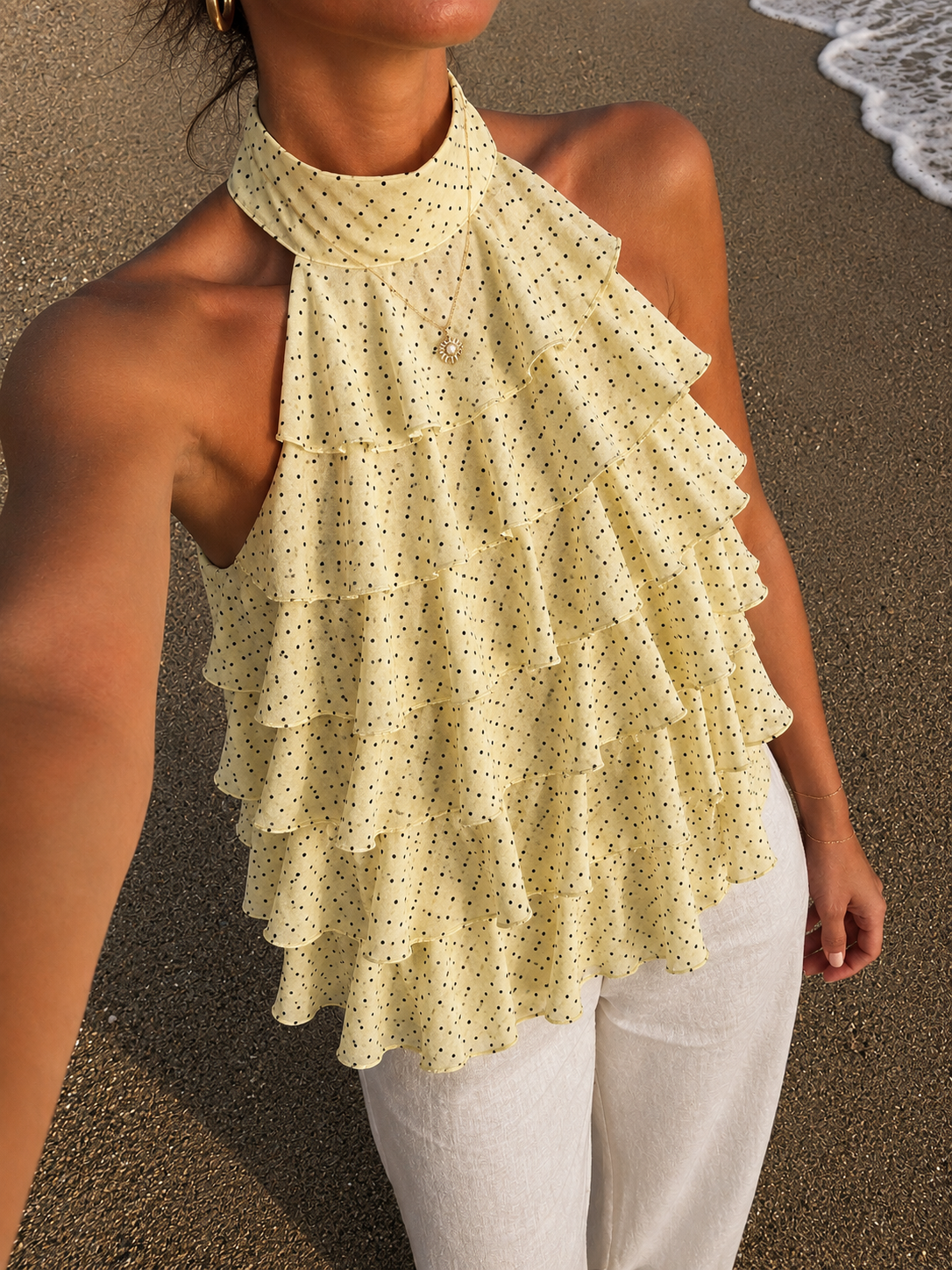 Ruffle wave top dots geel