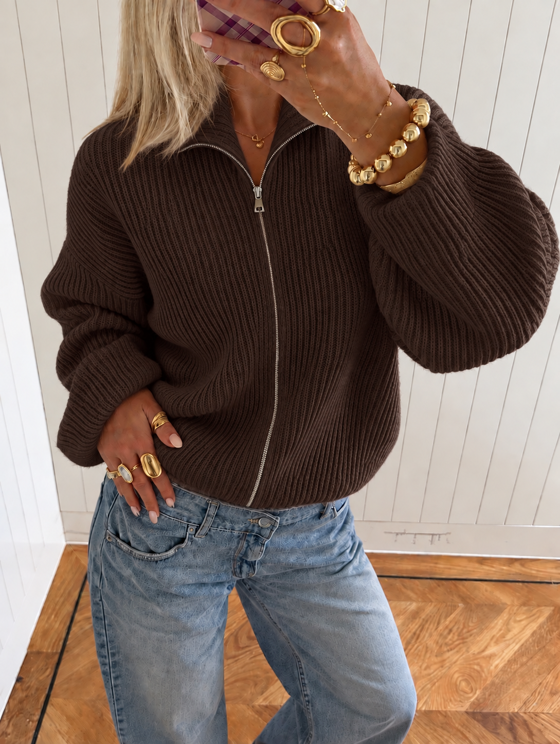 Essential Zip Knit bruin