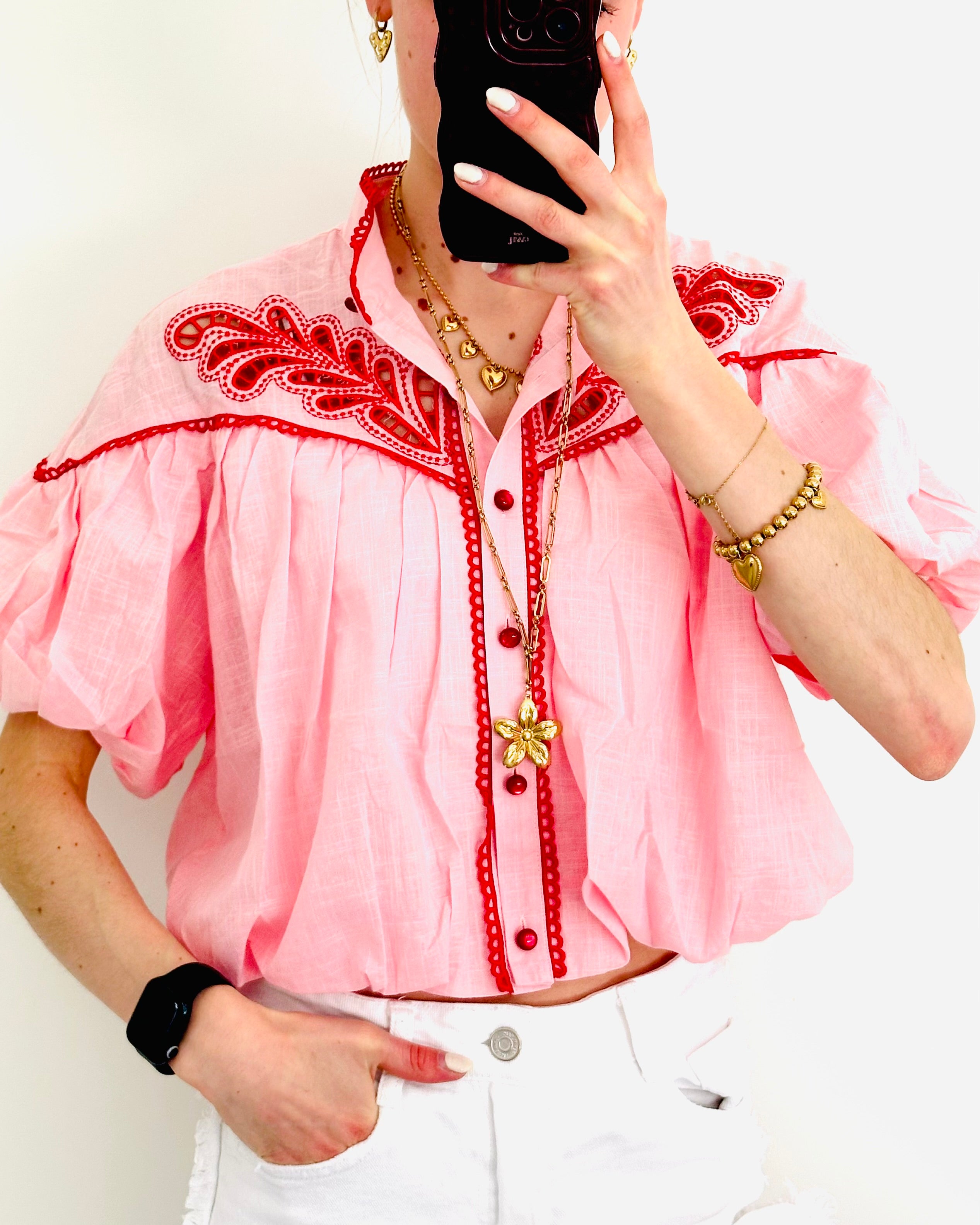 Broderie blossom blouse red pink