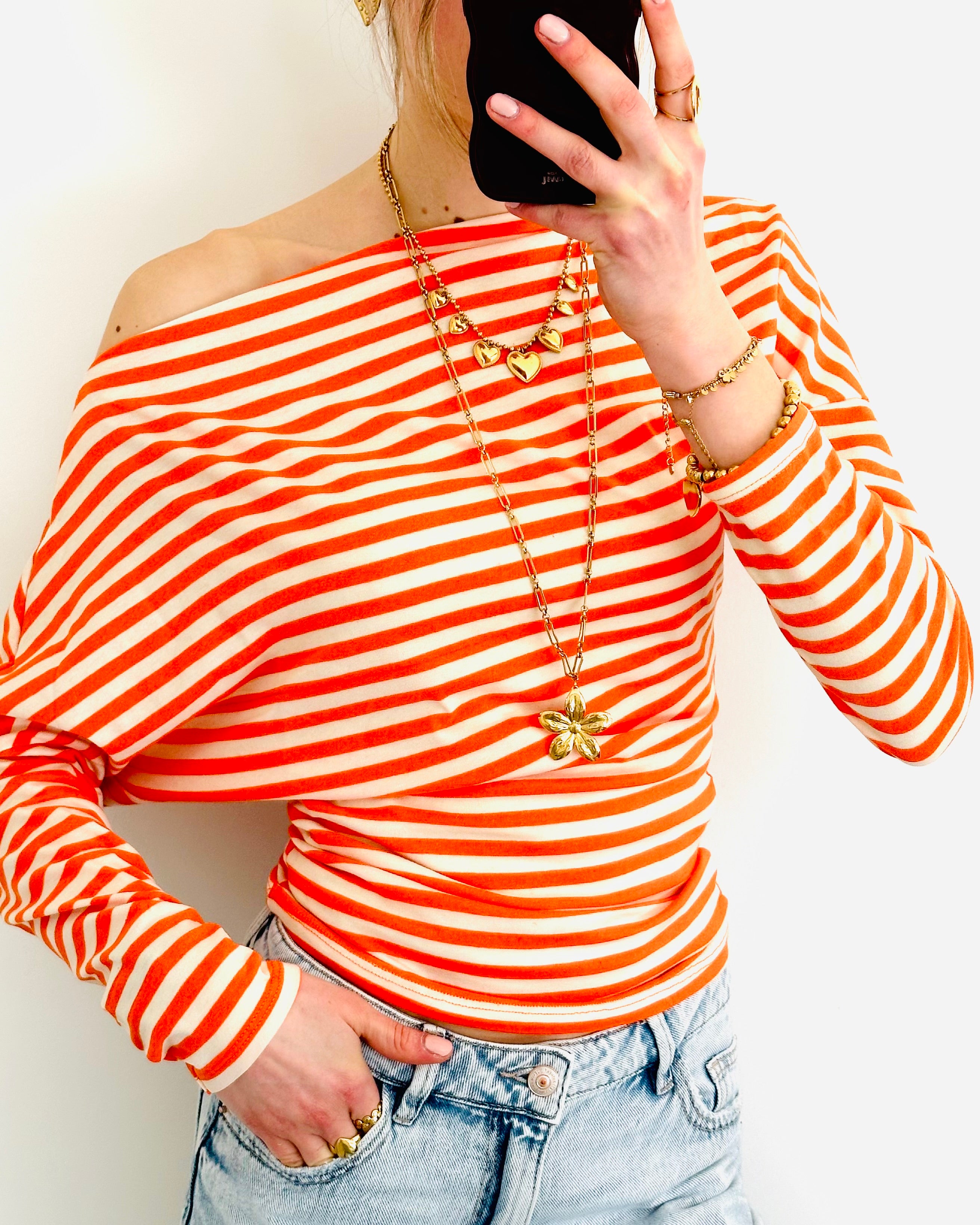 One shoulder striped top orange