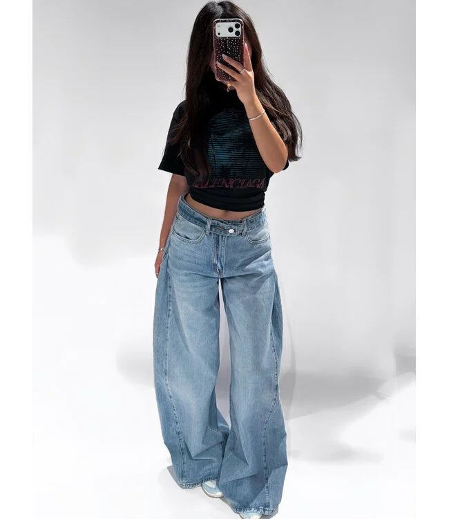Redefined belted wide leg light blue