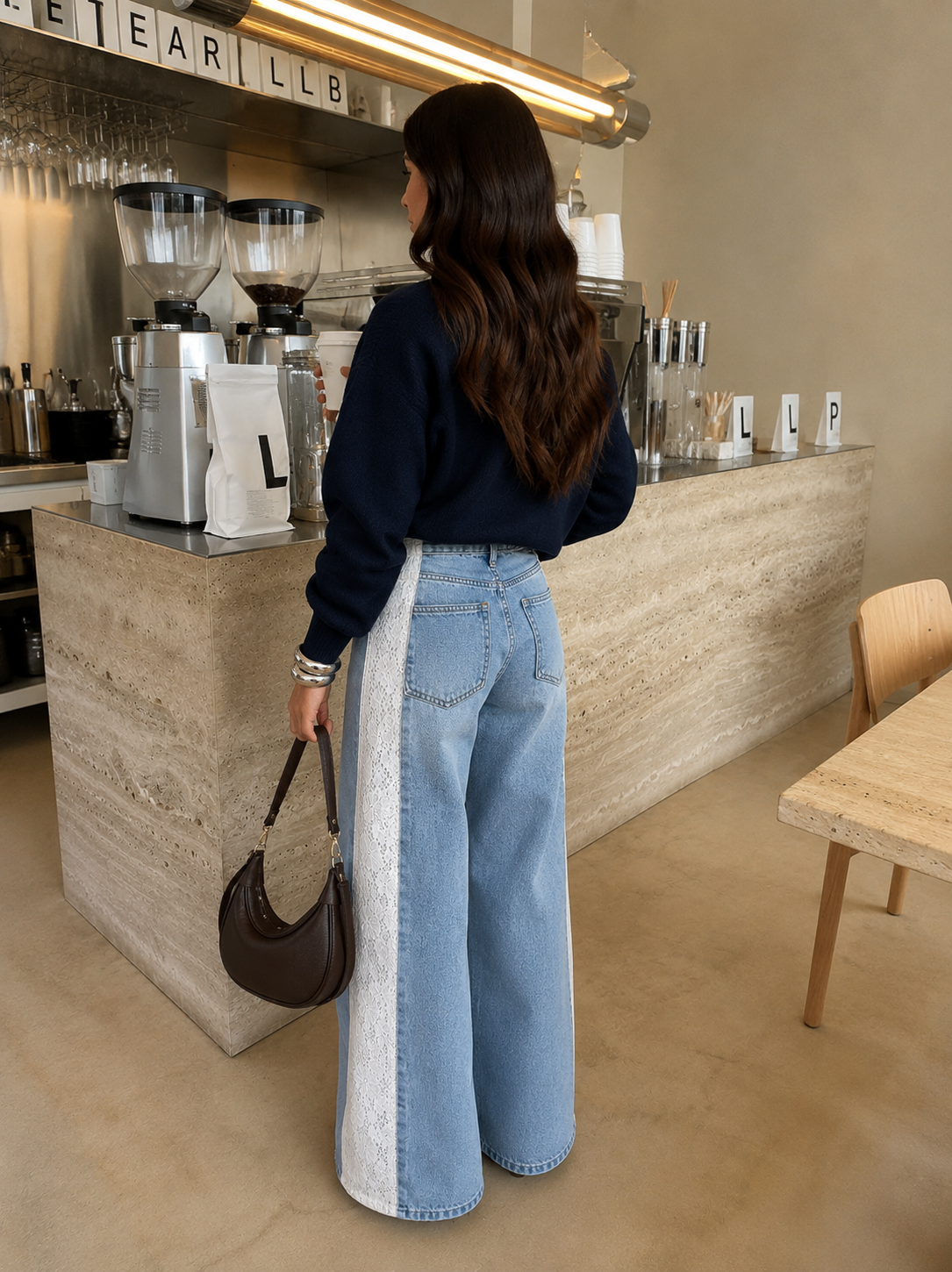 Lace wide leg jeans blue white