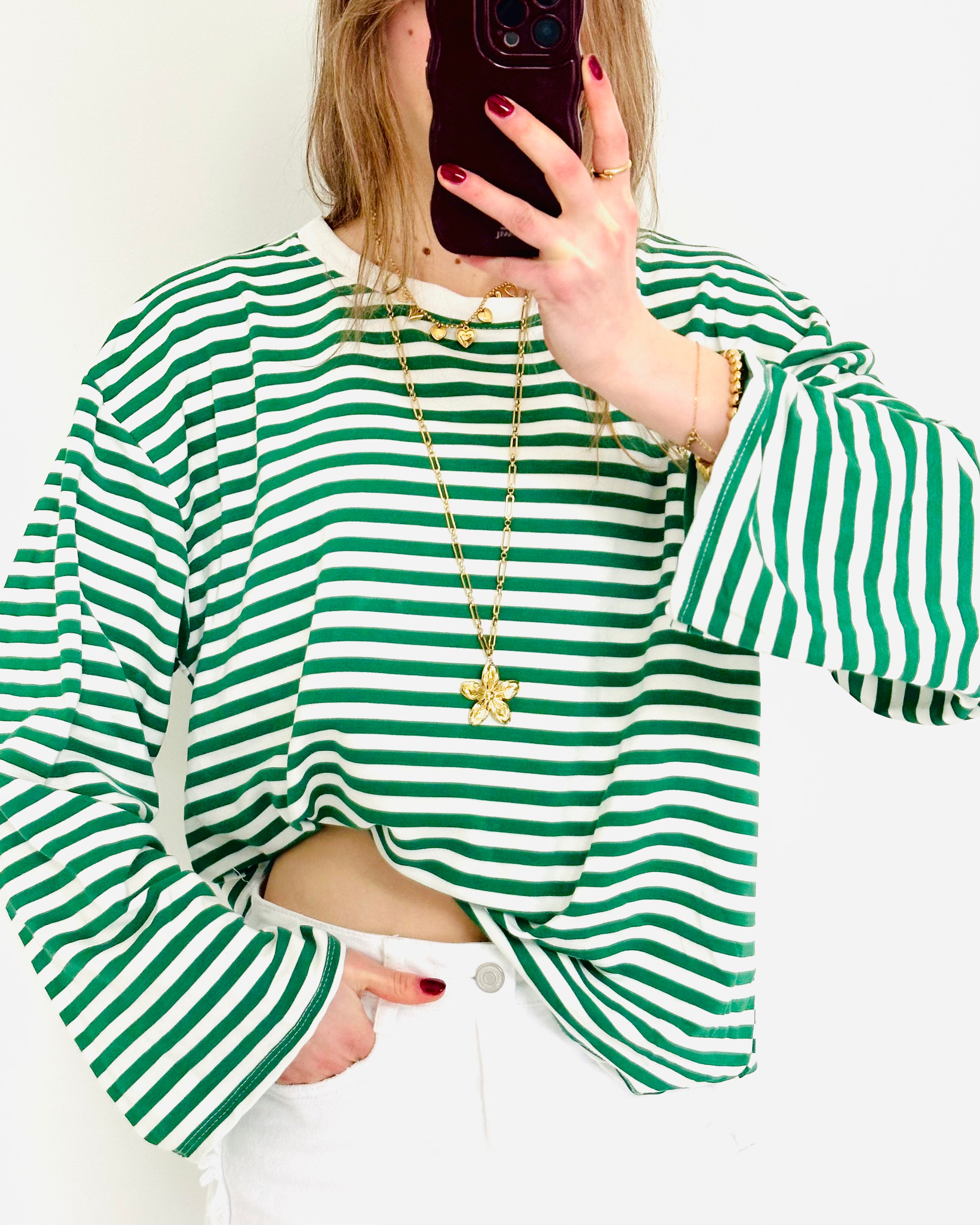 Casual stripe longsleeve khaki white