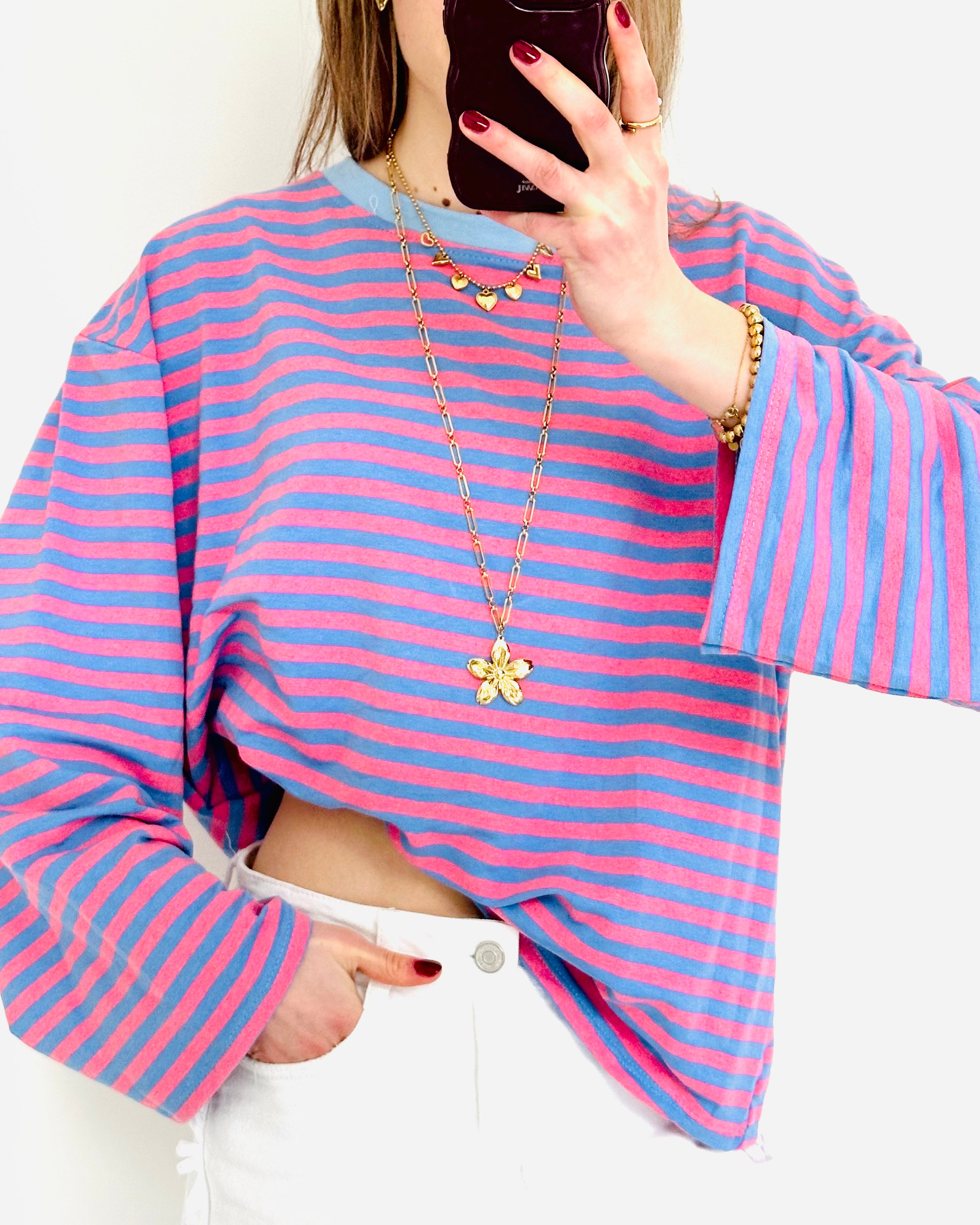 Casual stripe longsleeve denim pink