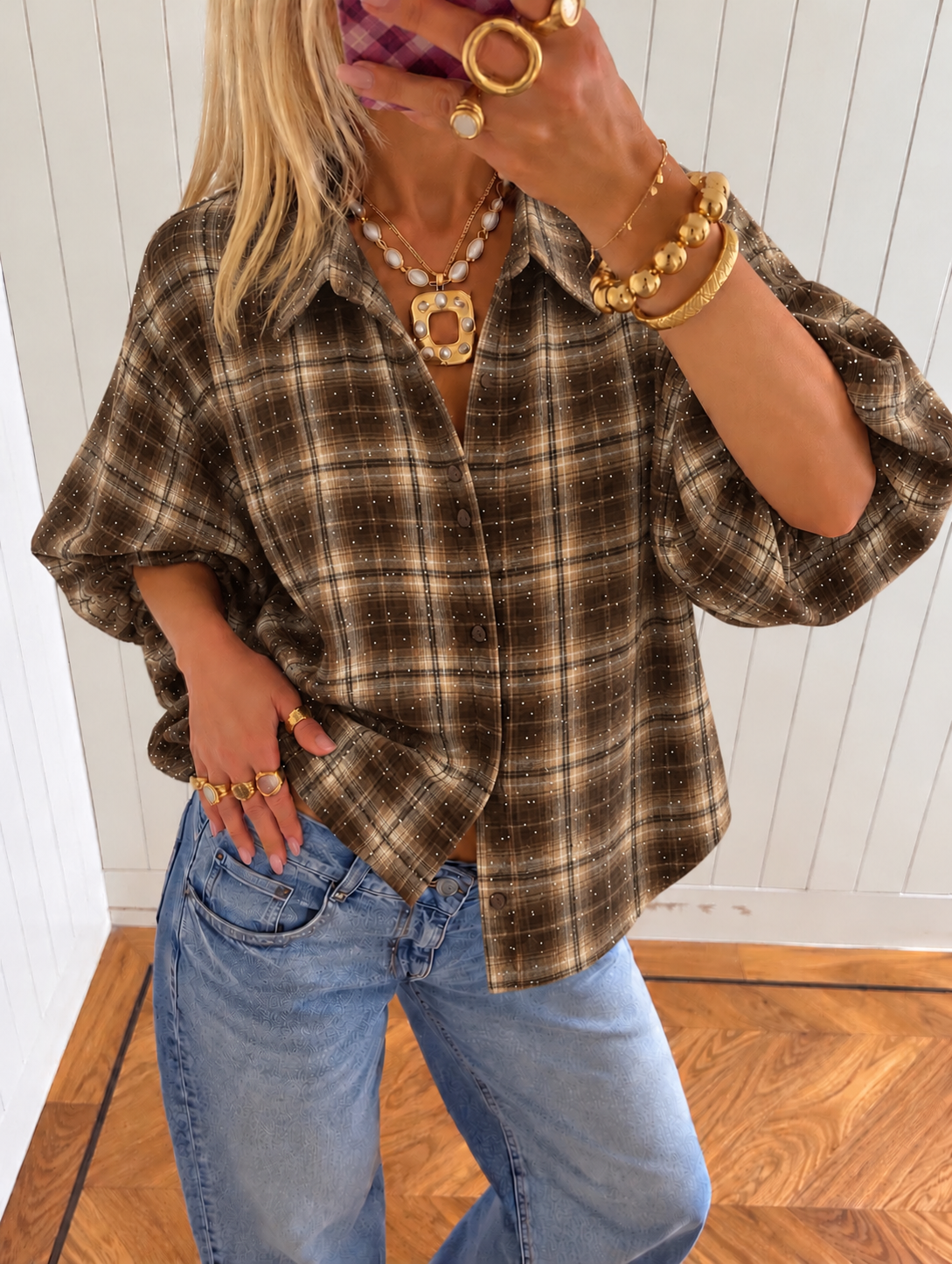 Cleo Sparkle Check Blouse taupe brown